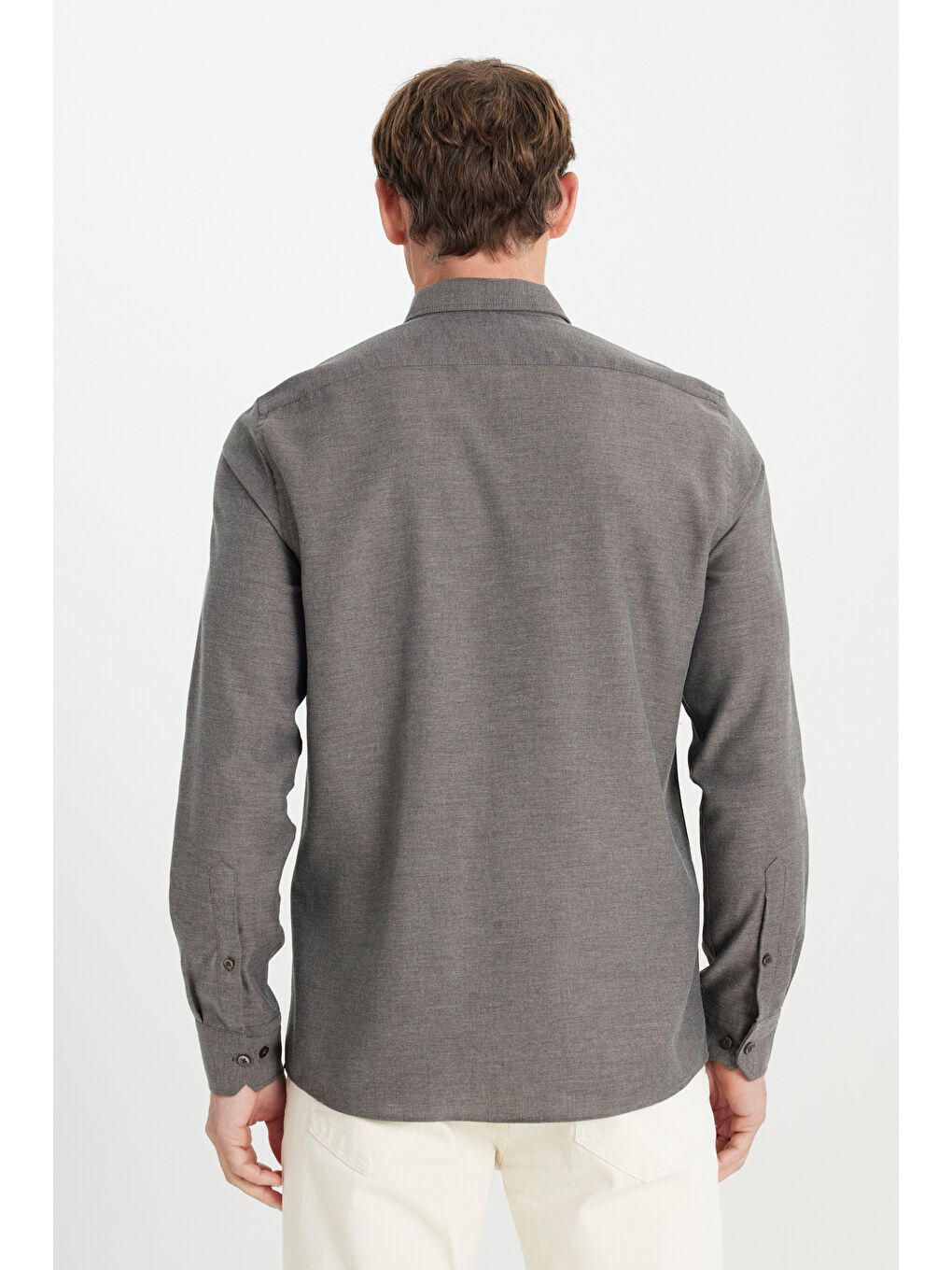 Erkek Kahverengi Pamuklu Flanel Slim Fit Dar Kesim Düğmeli Yaka Gömlek-4