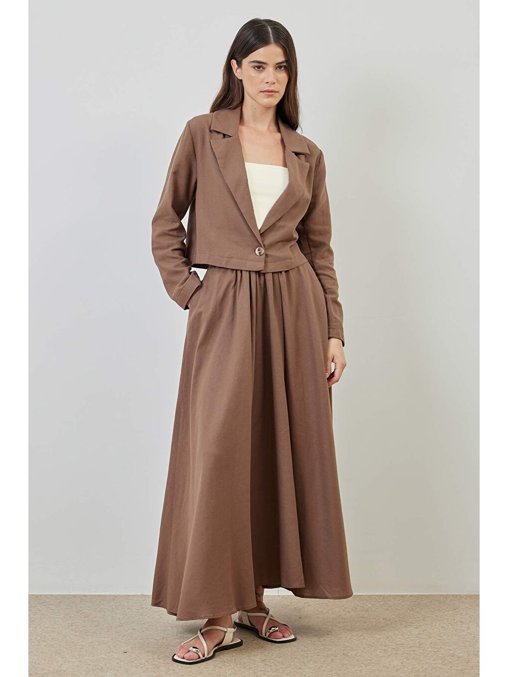 Kahverengi Keten Ceket Kahve Etek Takım-1