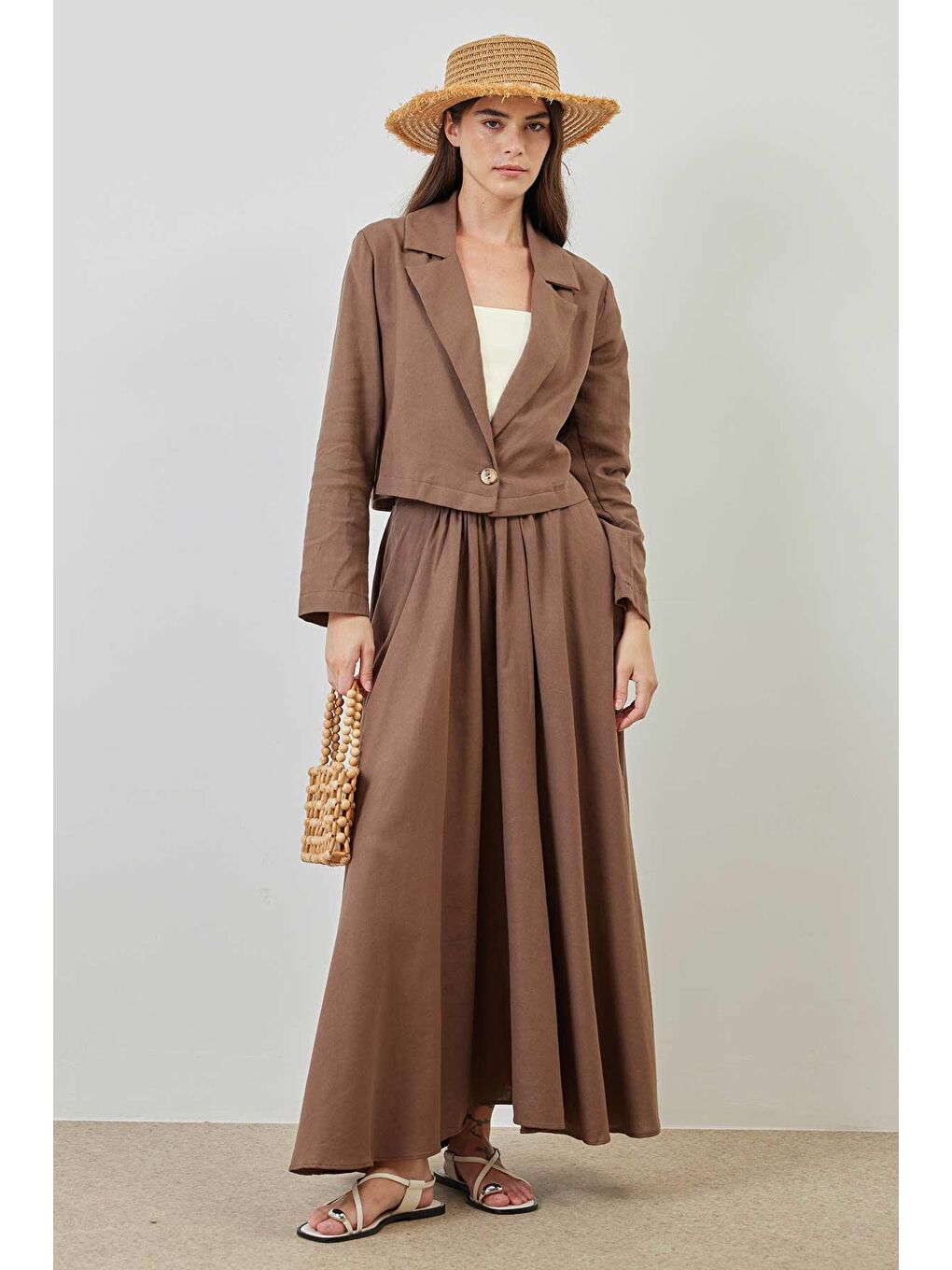 Kahverengi Keten Ceket Kahve Etek Takım-3