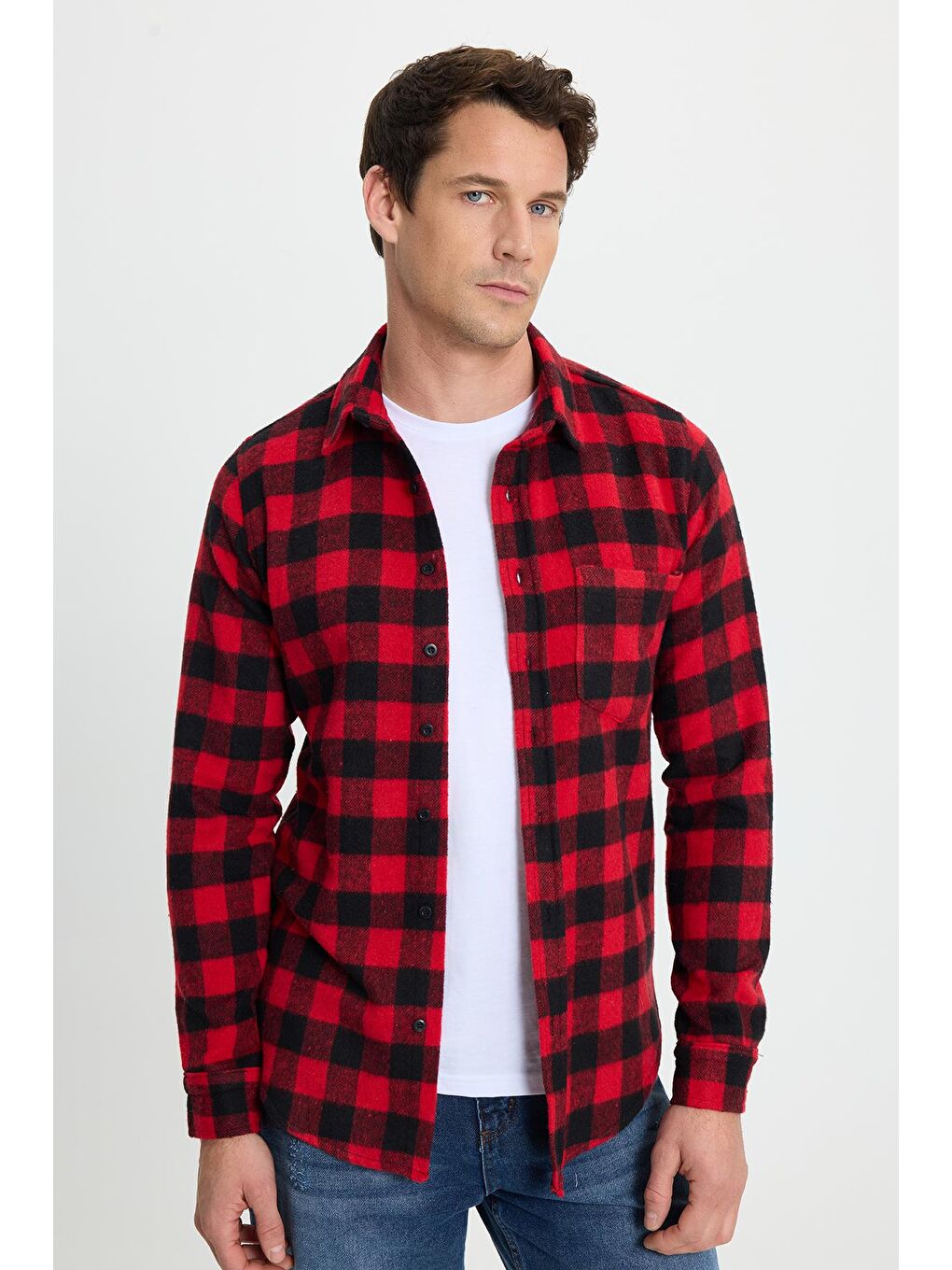 Karışık Erkek Slim Fit Dar Kesim Uzun Kollu Cepli Kareli Dama Desenli Kışlık Oduncu Gömlek