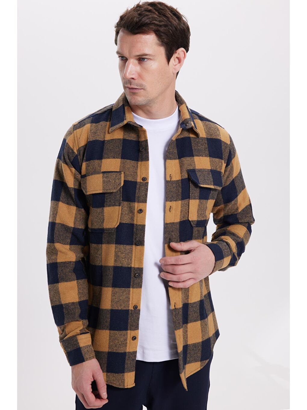 Karışık Erkek Slim Fit Dar Kesim Uzun Kollu Kapaklı Çift Cepli Kareli Kışlık Oduncu Gömlek-3