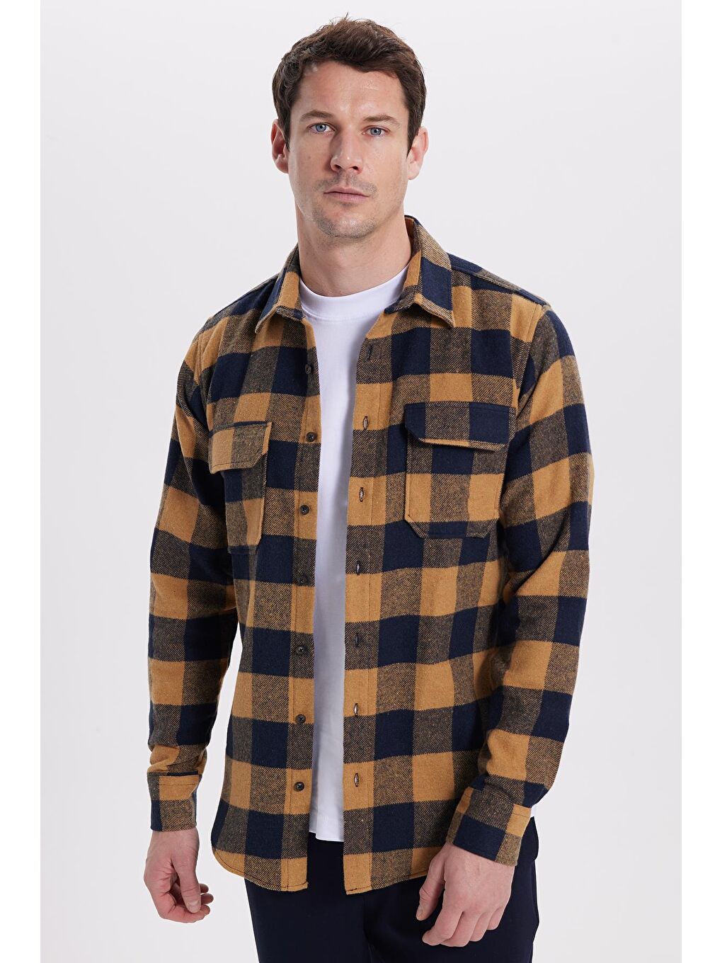 Karışık Erkek Slim Fit Dar Kesim Uzun Kollu Kapaklı Çift Cepli Kareli Kışlık Oduncu Gömlek-5