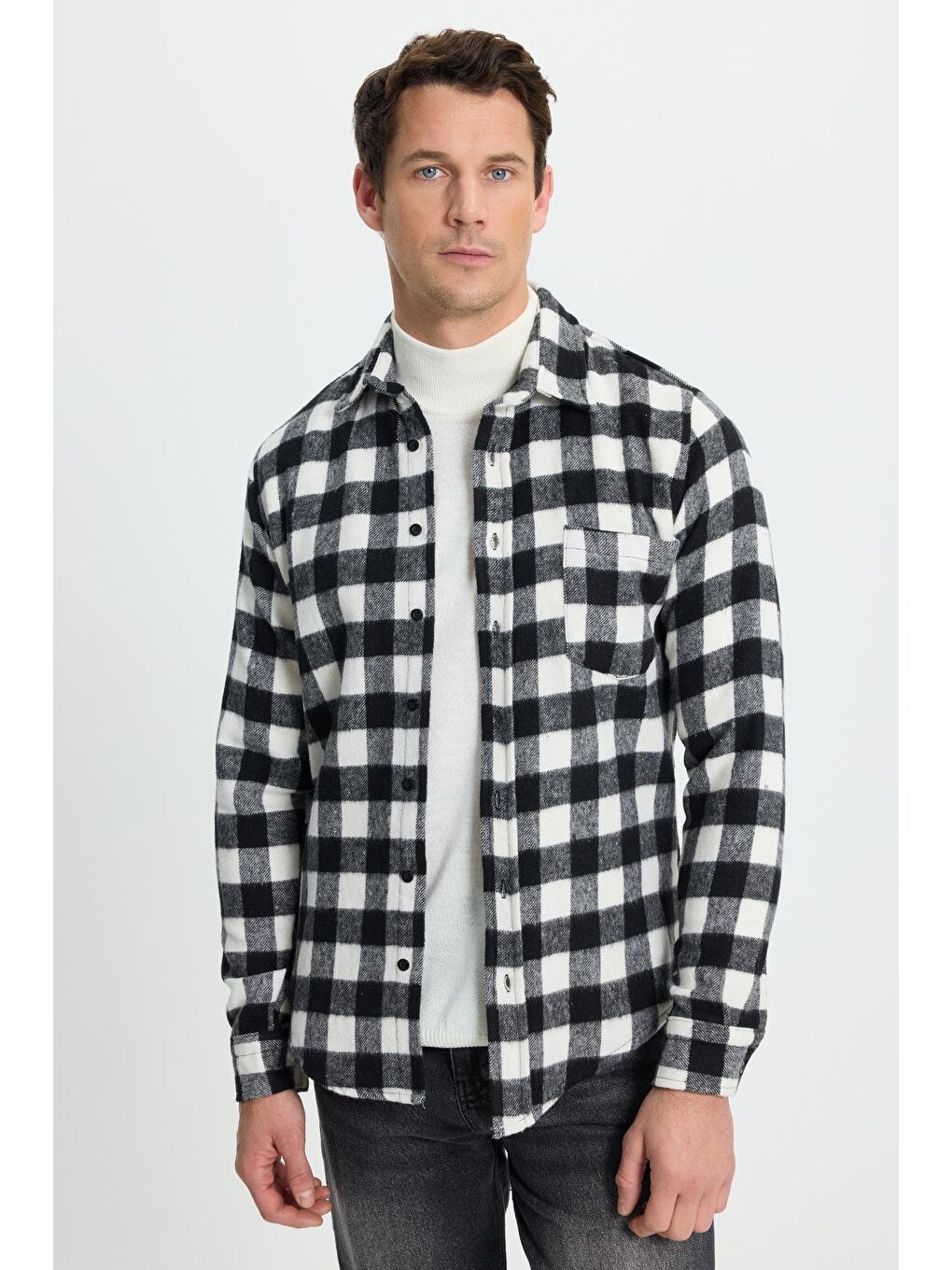 Karışık Erkek Slim Fit Dar Kesim Uzun Kollu Cepli Kareli Dama Desenli Kışlık Oduncu Gömlek