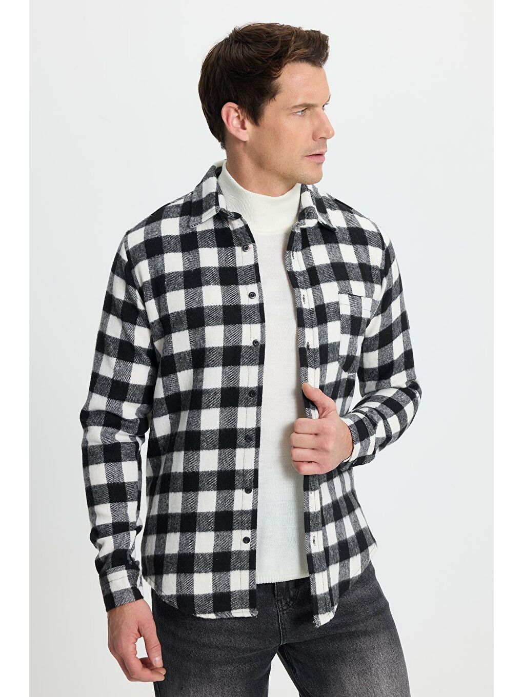 Karışık Erkek Slim Fit Dar Kesim Uzun Kollu Cepli Kareli Dama Desenli Kışlık Oduncu Gömlek-1