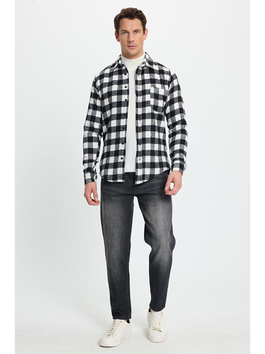 Karışık Erkek Slim Fit Dar Kesim Uzun Kollu Cepli Kareli Dama Desenli Kışlık Oduncu Gömlek-3