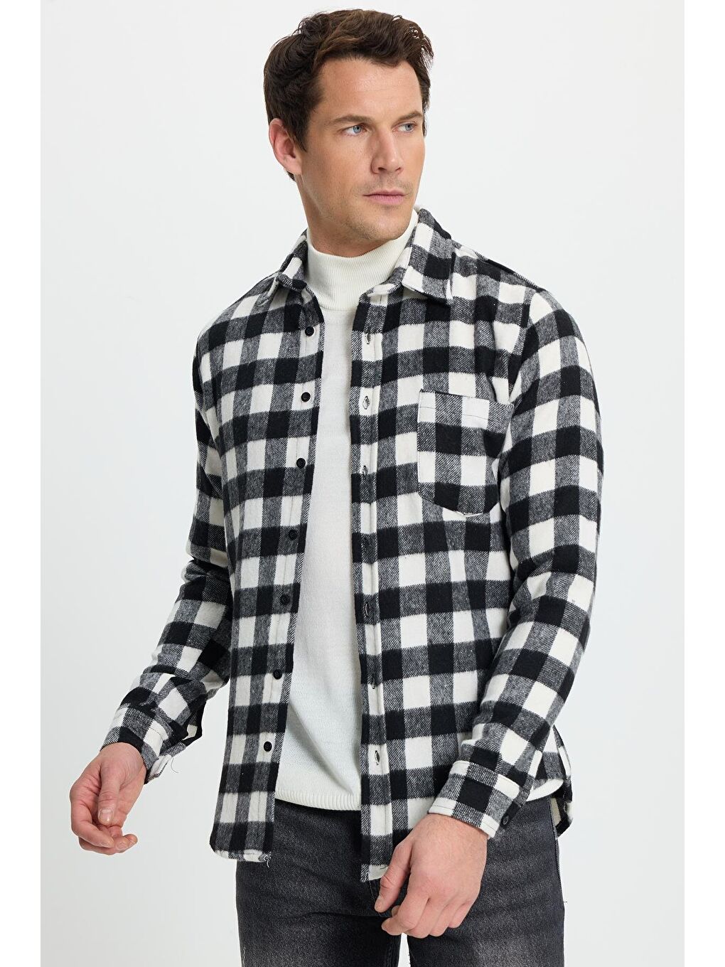 Karışık Erkek Slim Fit Dar Kesim Uzun Kollu Cepli Kareli Dama Desenli Kışlık Oduncu Gömlek-4