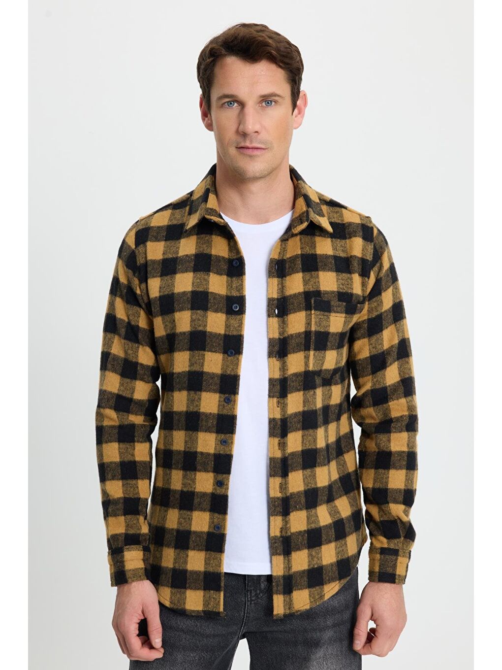 Karışık Erkek Slim Fit Dar Kesim Uzun Kollu Cepli Kareli Dama Desenli Kışlık Oduncu Gömlek-1