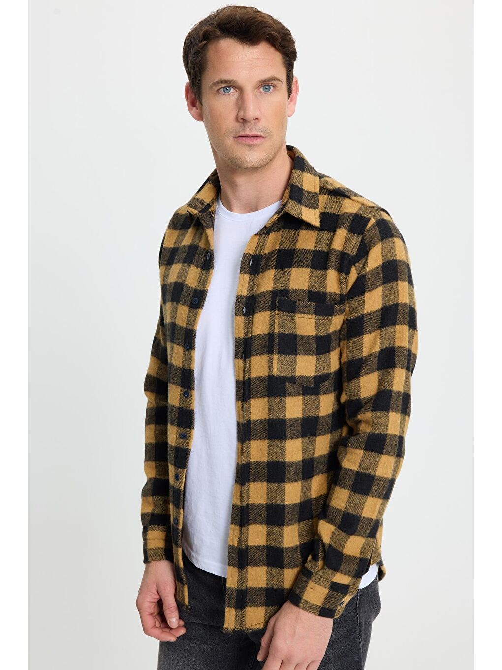 Karışık Erkek Slim Fit Dar Kesim Uzun Kollu Cepli Kareli Dama Desenli Kışlık Oduncu Gömlek-5