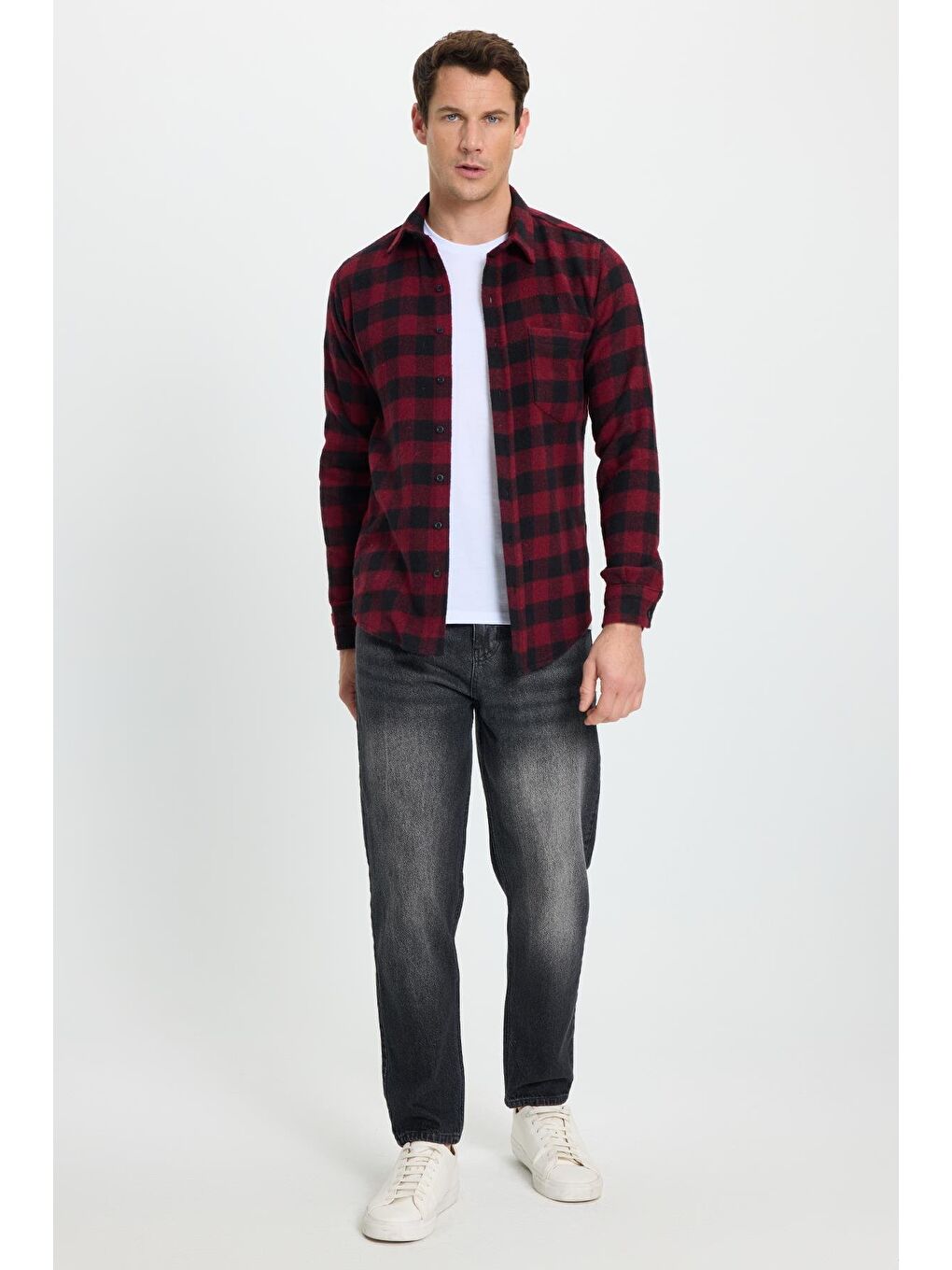 Karışık Erkek Slim Fit Dar Kesim Uzun Kollu Cepli Kareli Dama Desenli Kışlık Oduncu Gömlek-3