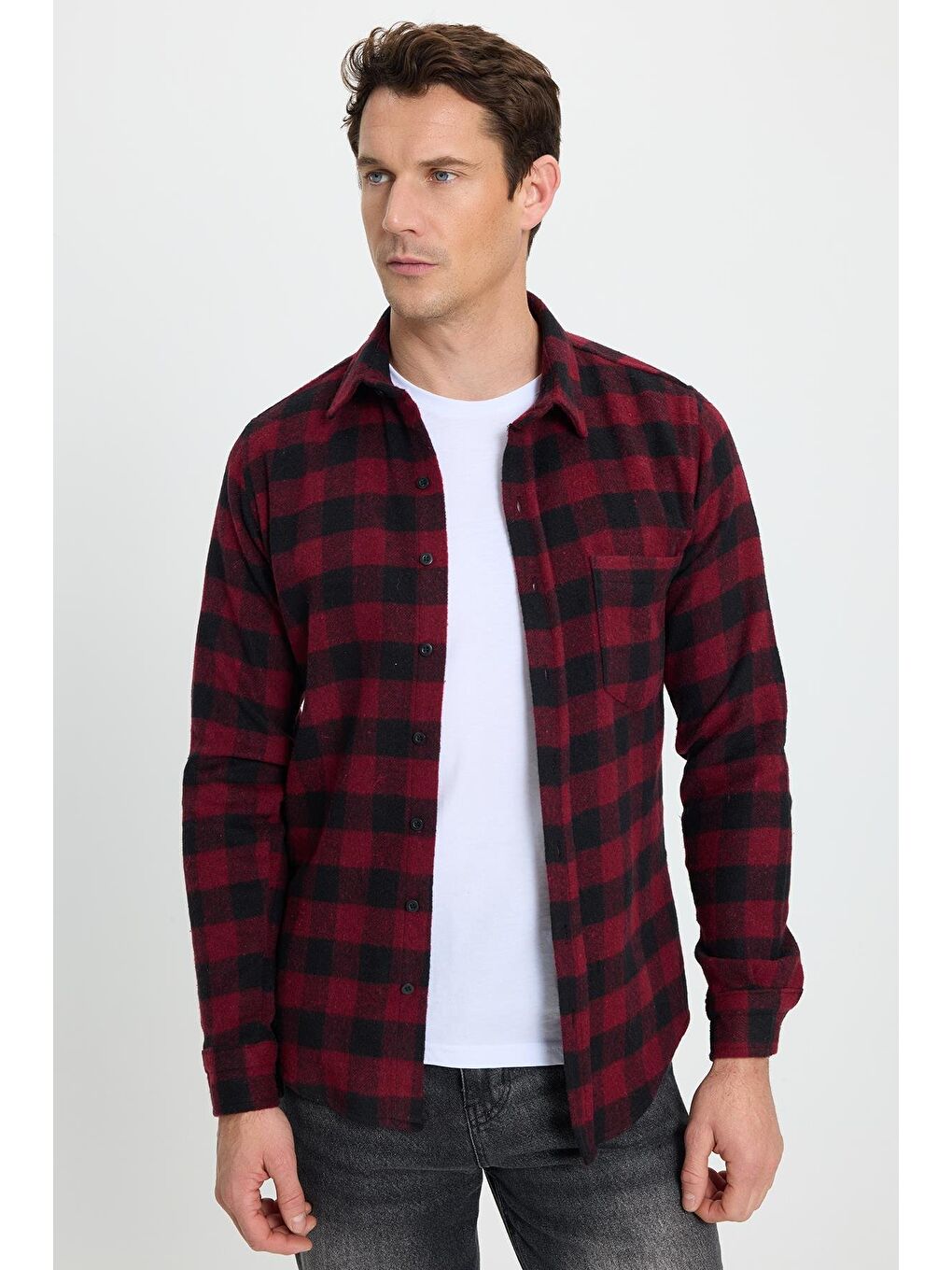 Karışık Erkek Slim Fit Dar Kesim Uzun Kollu Cepli Kareli Dama Desenli Kışlık Oduncu Gömlek-4