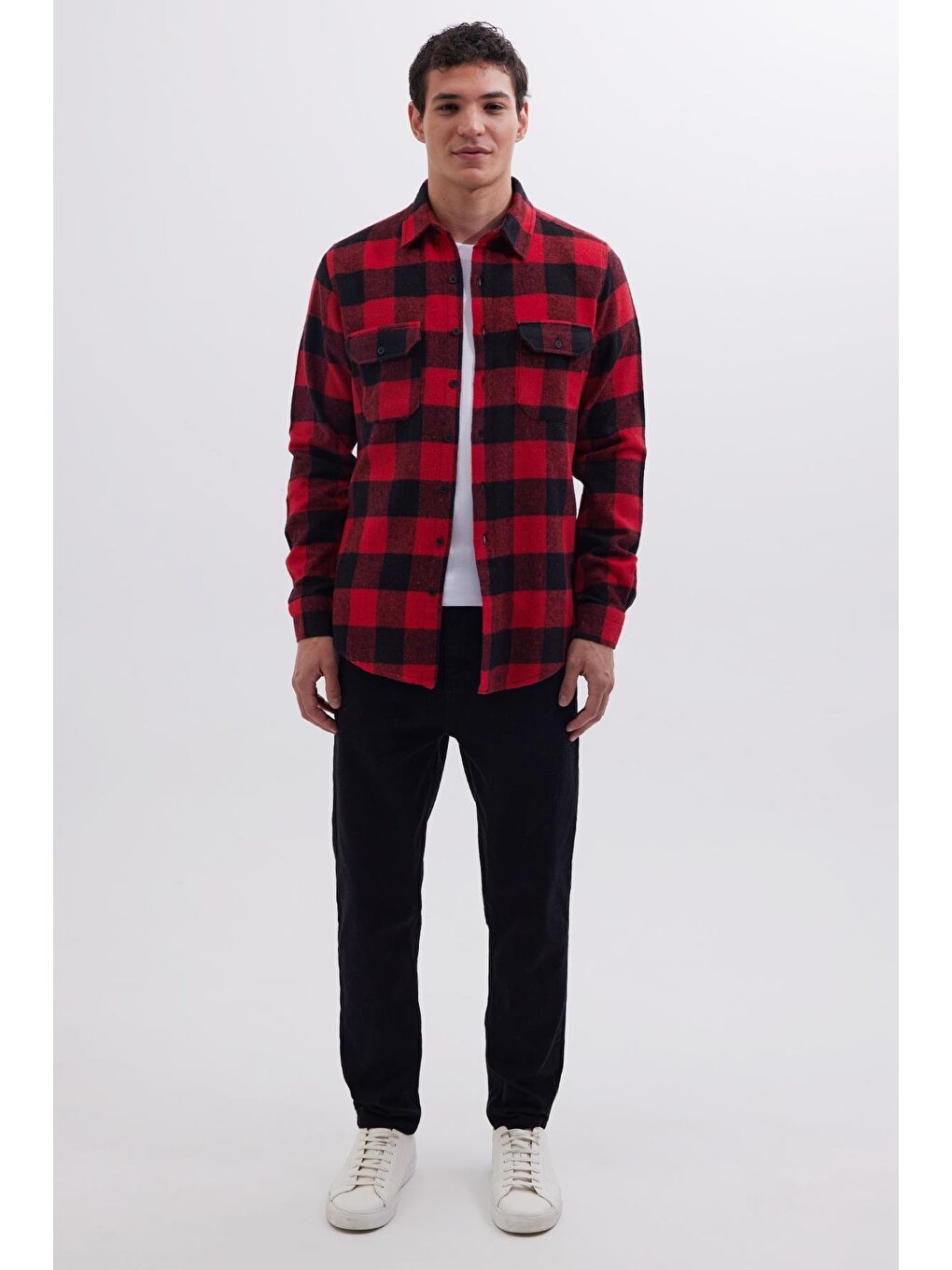 Karışık Erkek Slim Fit Dar Kesim Uzun Kollu Kapaklı Çift Cepli Kareli Kışlık Oduncu Gömlek-3