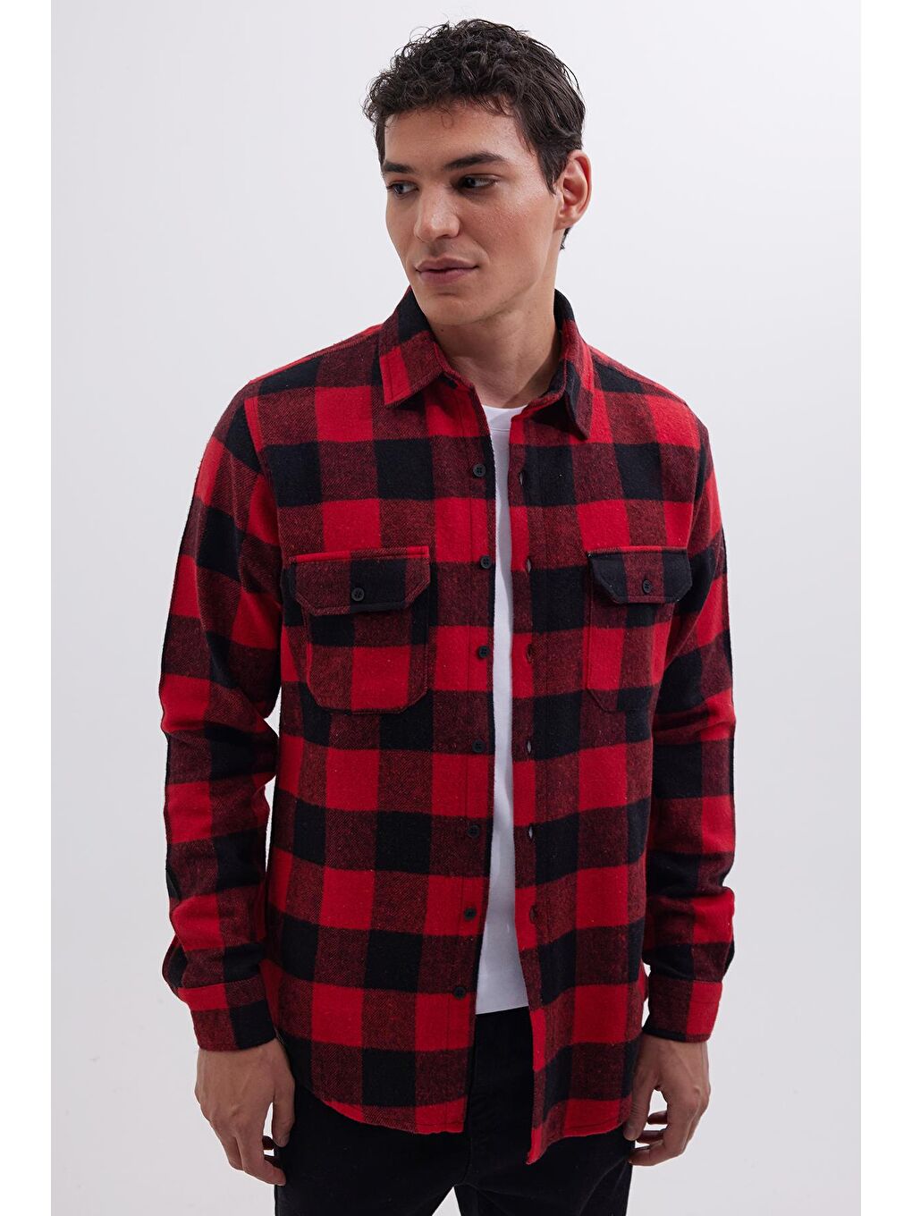 Karışık Erkek Slim Fit Dar Kesim Uzun Kollu Kapaklı Çift Cepli Kareli Kışlık Oduncu Gömlek-4