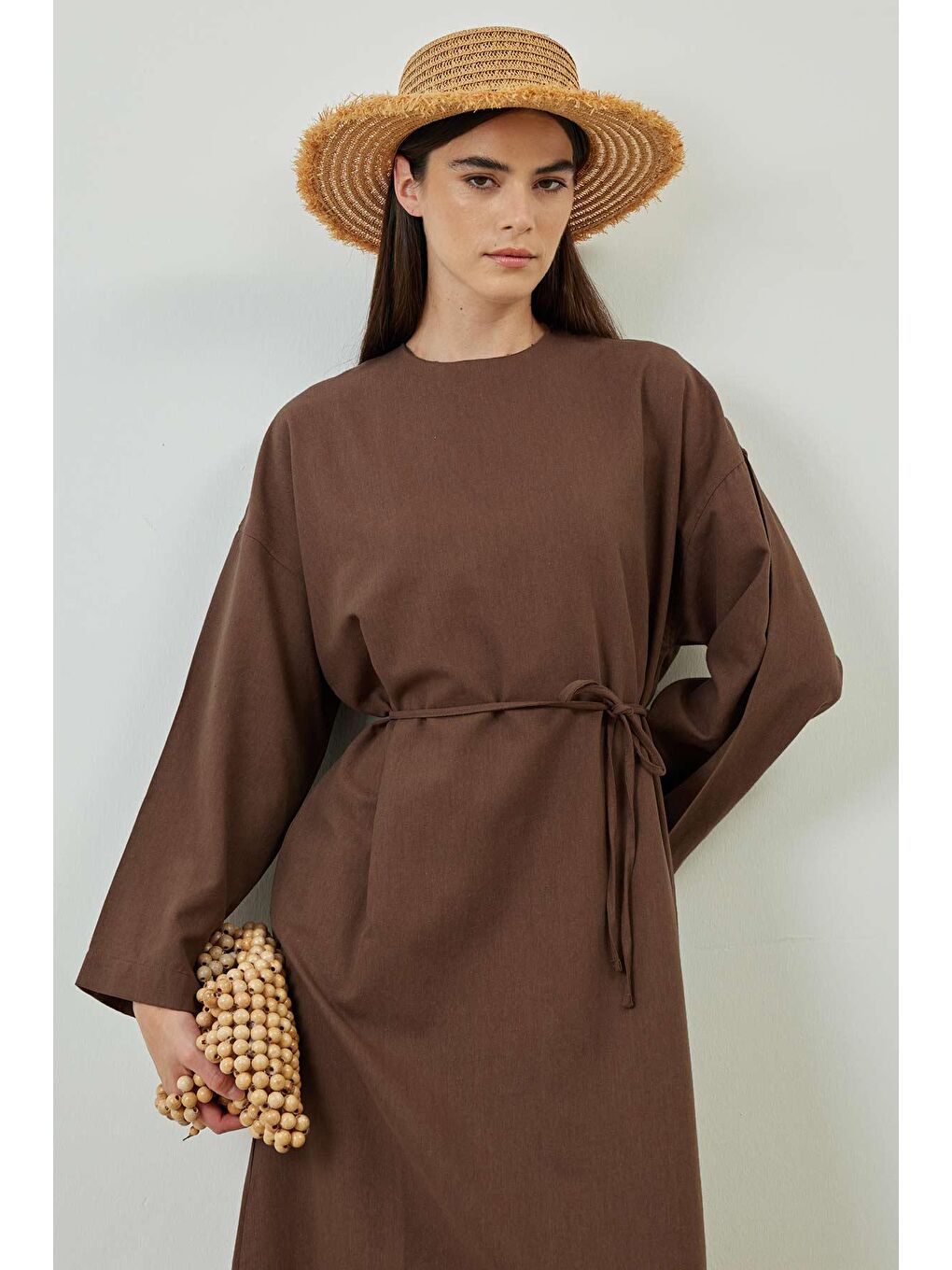 Kahverengi Basic Keten Kahve Elbise-2
