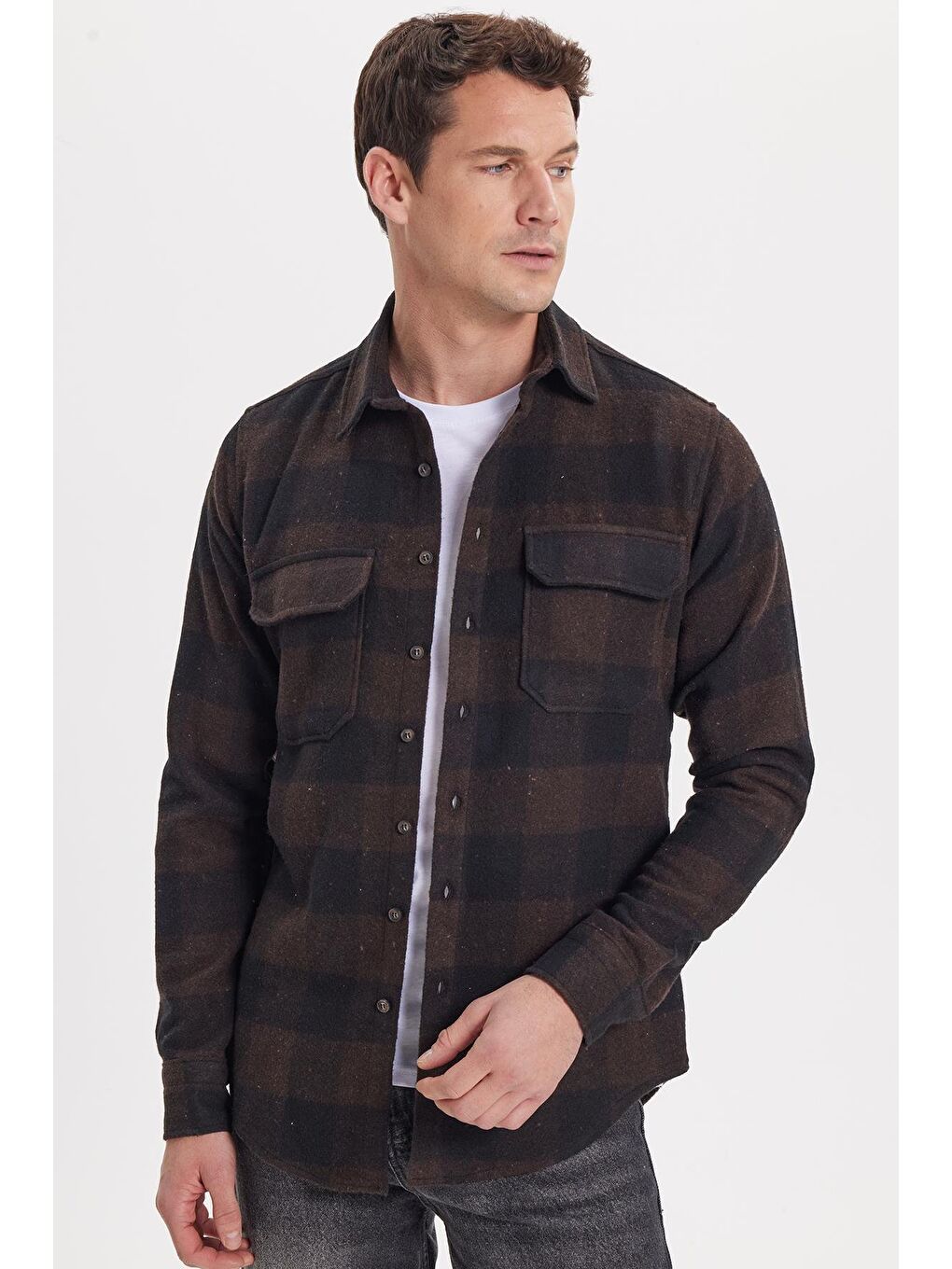 Karışık Erkek Slim Fit Dar Kesim Uzun Kollu Kapaklı Çift Cepli Kareli Kışlık Oduncu Gömlek-1