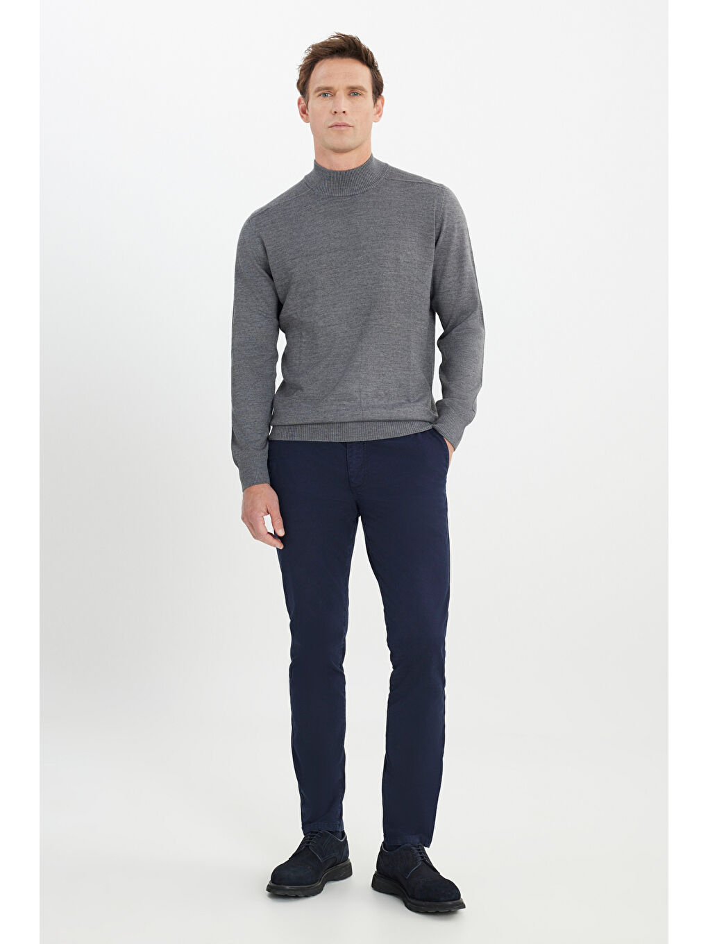 Erkek Gri Melanj Yünlü Sıcak Tutan Standart Fit Normal Kesim Yarım Balıkçı Yaka Triko Kazak-1