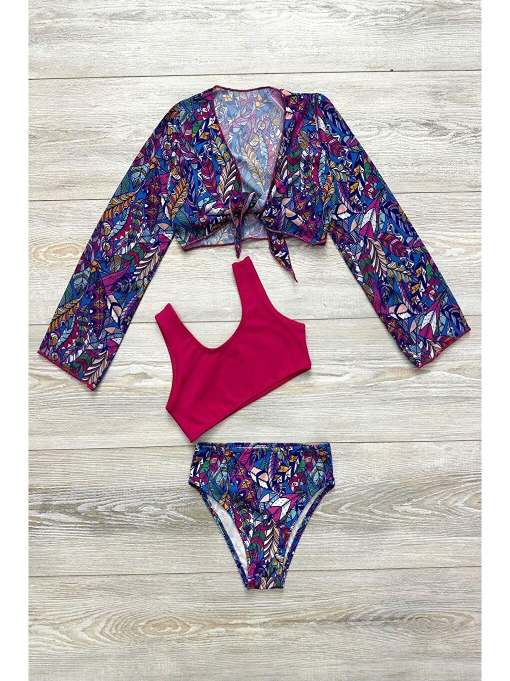Fuşya Yeni Sezon Kız Çocuk Bolerolu Bikini 3'lü Takım