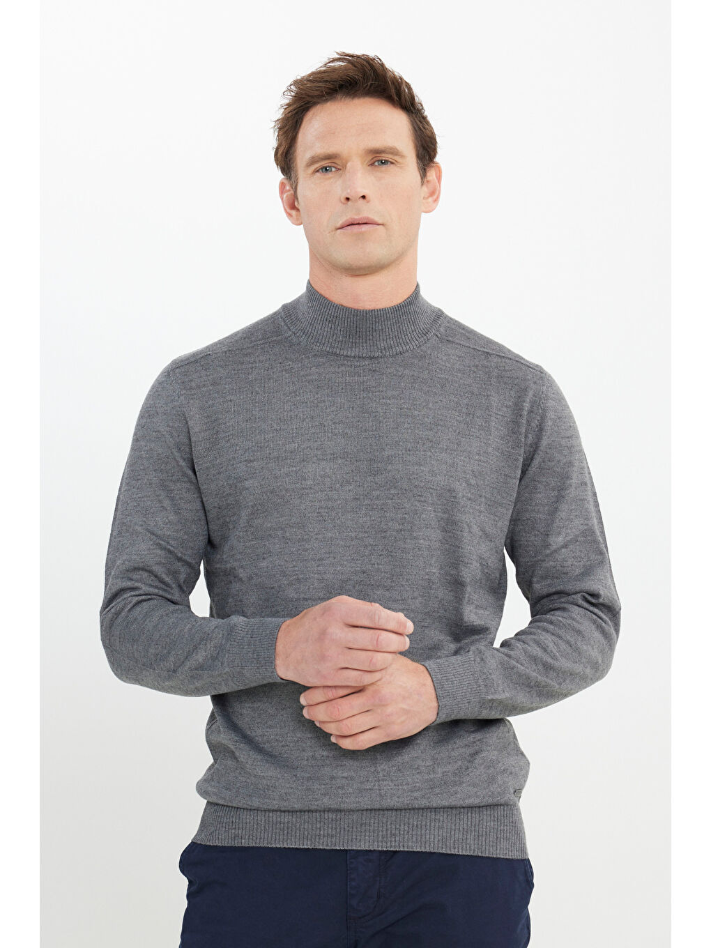 Erkek Gri Melanj Yünlü Sıcak Tutan Standart Fit Normal Kesim Yarım Balıkçı Yaka Triko Kazak-2