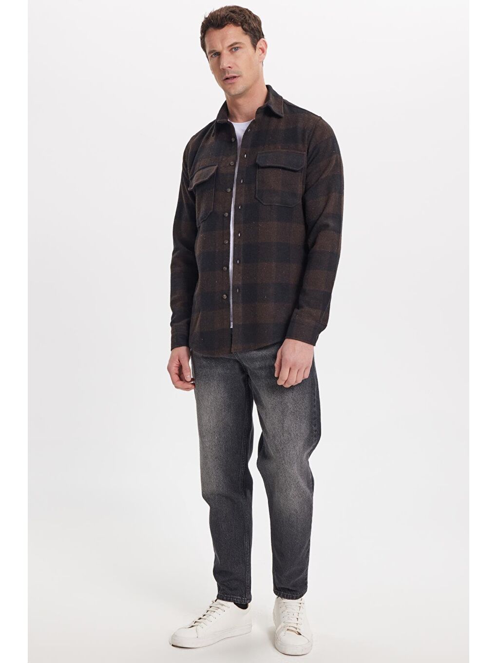 Karışık Erkek Slim Fit Dar Kesim Uzun Kollu Kapaklı Çift Cepli Kareli Kışlık Oduncu Gömlek-3