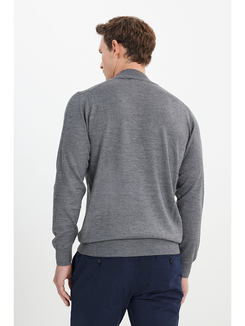 Erkek Gri Melanj Yünlü Sıcak Tutan Standart Fit Normal Kesim Yarım Balıkçı Yaka Triko Kazak-4