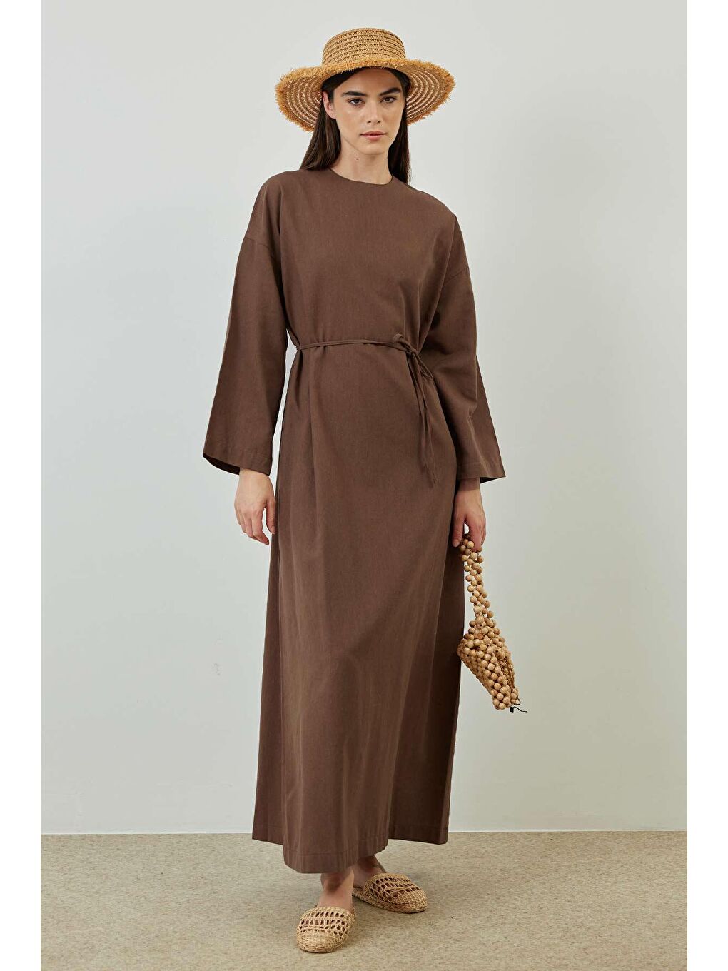 Kahverengi Basic Keten Kahve Elbise