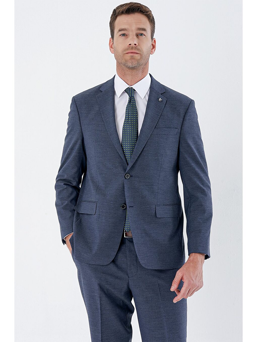 Koyu Lacivert Desenli Mono Yaka 4 Drop Comfort Fit Rahat Kesim Klasik Takım Elbise 1001235162-1