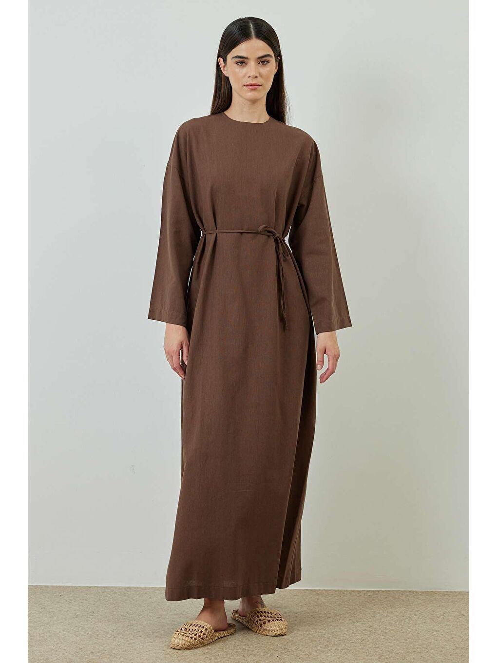 Kahverengi Basic Keten Kahve Elbise-1