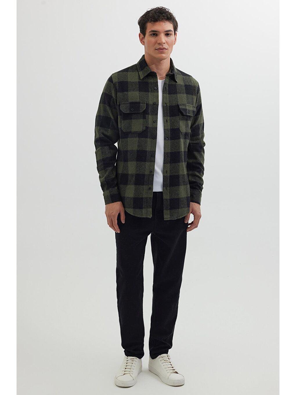 Karışık Erkek Slim Fit Dar Kesim Uzun Kollu Kapaklı Çift Cepli Kareli Kışlık Oduncu Gömlek-3