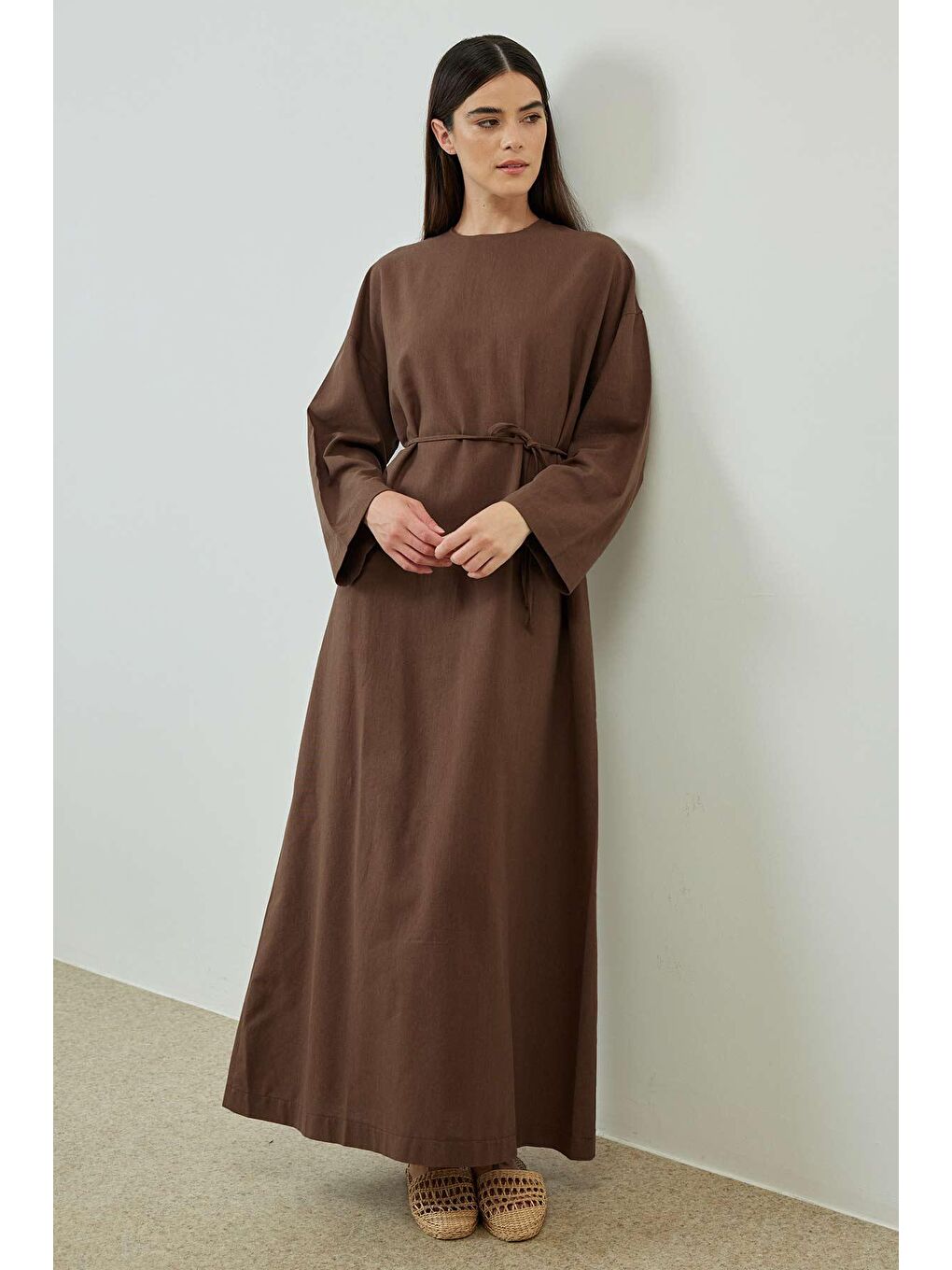 Kahverengi Basic Keten Kahve Elbise-3