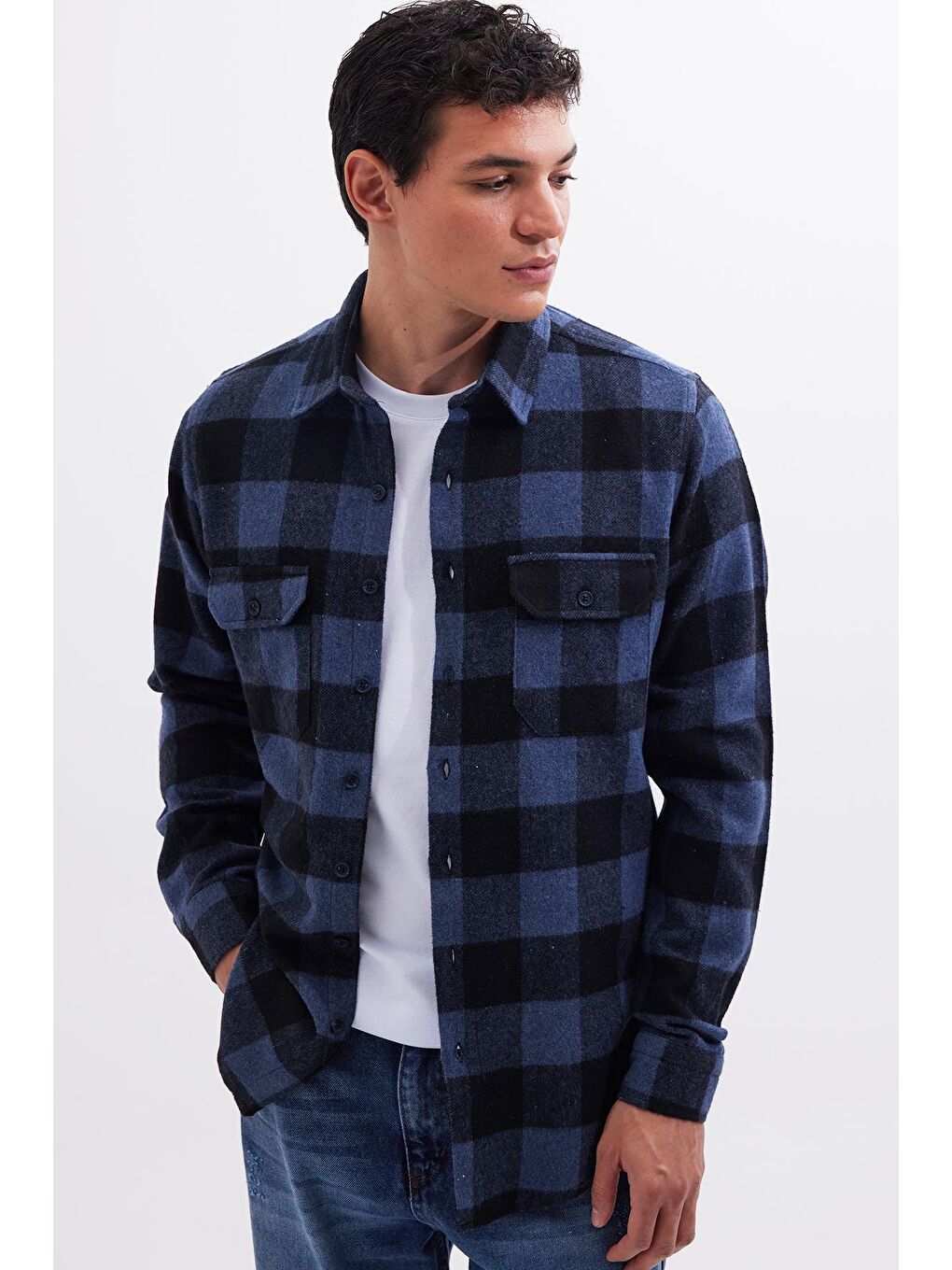 Karışık Erkek Slim Fit Dar Kesim Uzun Kollu Kapaklı Çift Cepli Kareli Kışlık Oduncu Gömlek-1