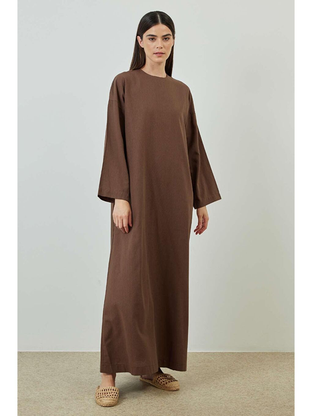 Kahverengi Basic Keten Kahve Elbise-4