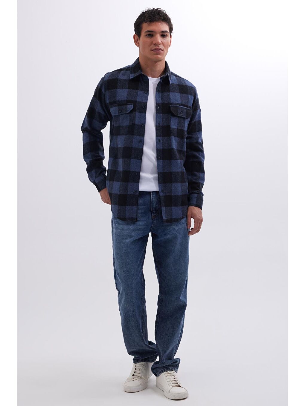 Karışık Erkek Slim Fit Dar Kesim Uzun Kollu Kapaklı Çift Cepli Kareli Kışlık Oduncu Gömlek-3