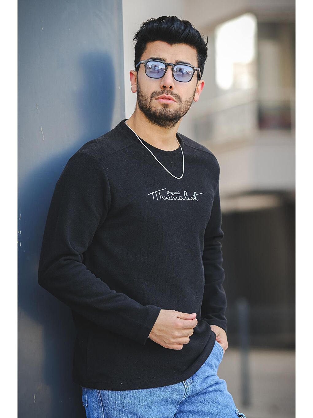Siyah Baskılı Selanik Pamuklu Slim Fit Likralı Sıfır Yaka Erkek Sweatshirt-1