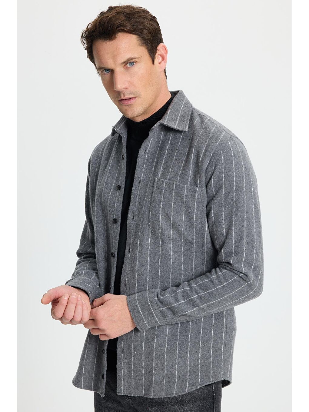 Karışık Erkek Regular Fit Klasik Kesim Çizgili Çift Cep Kapaklı Oduncu Gömlek-1