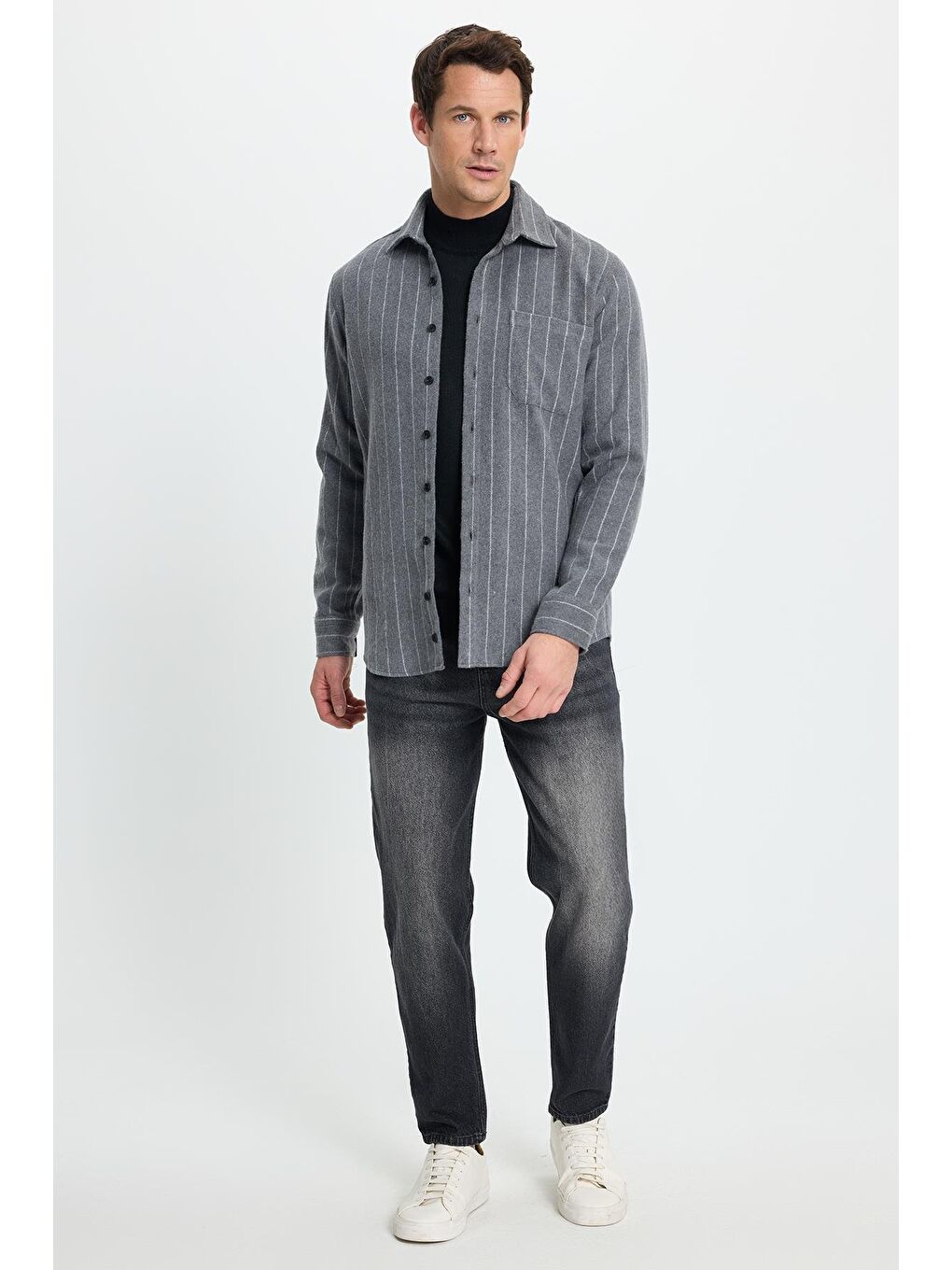 Karışık Erkek Regular Fit Klasik Kesim Çizgili Çift Cep Kapaklı Oduncu Gömlek-3