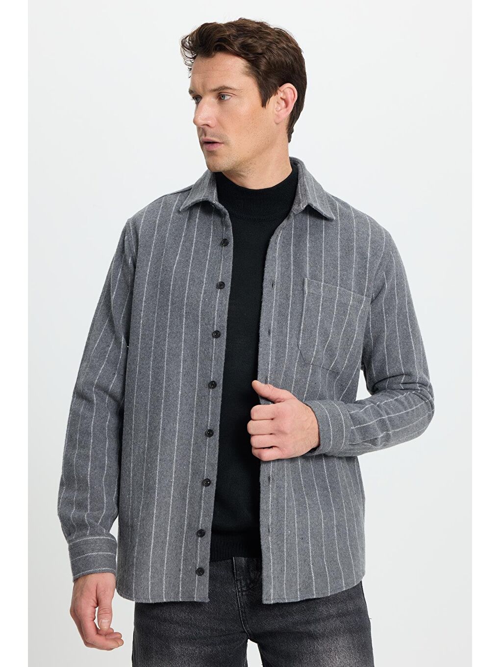 Karışık Erkek Regular Fit Klasik Kesim Çizgili Çift Cep Kapaklı Oduncu Gömlek-4