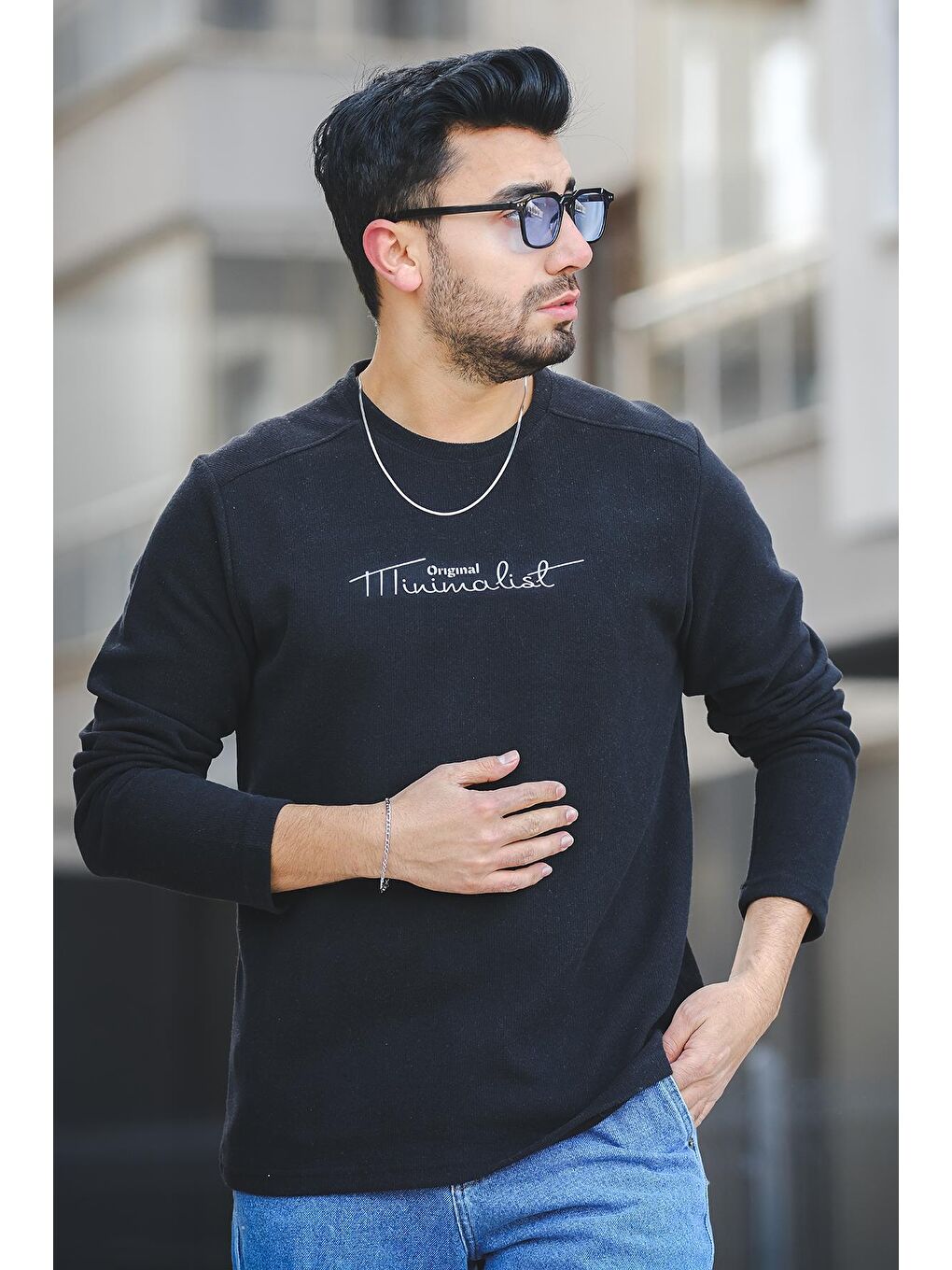 Siyah Baskılı Selanik Pamuklu Slim Fit Likralı Sıfır Yaka Erkek Sweatshirt-2