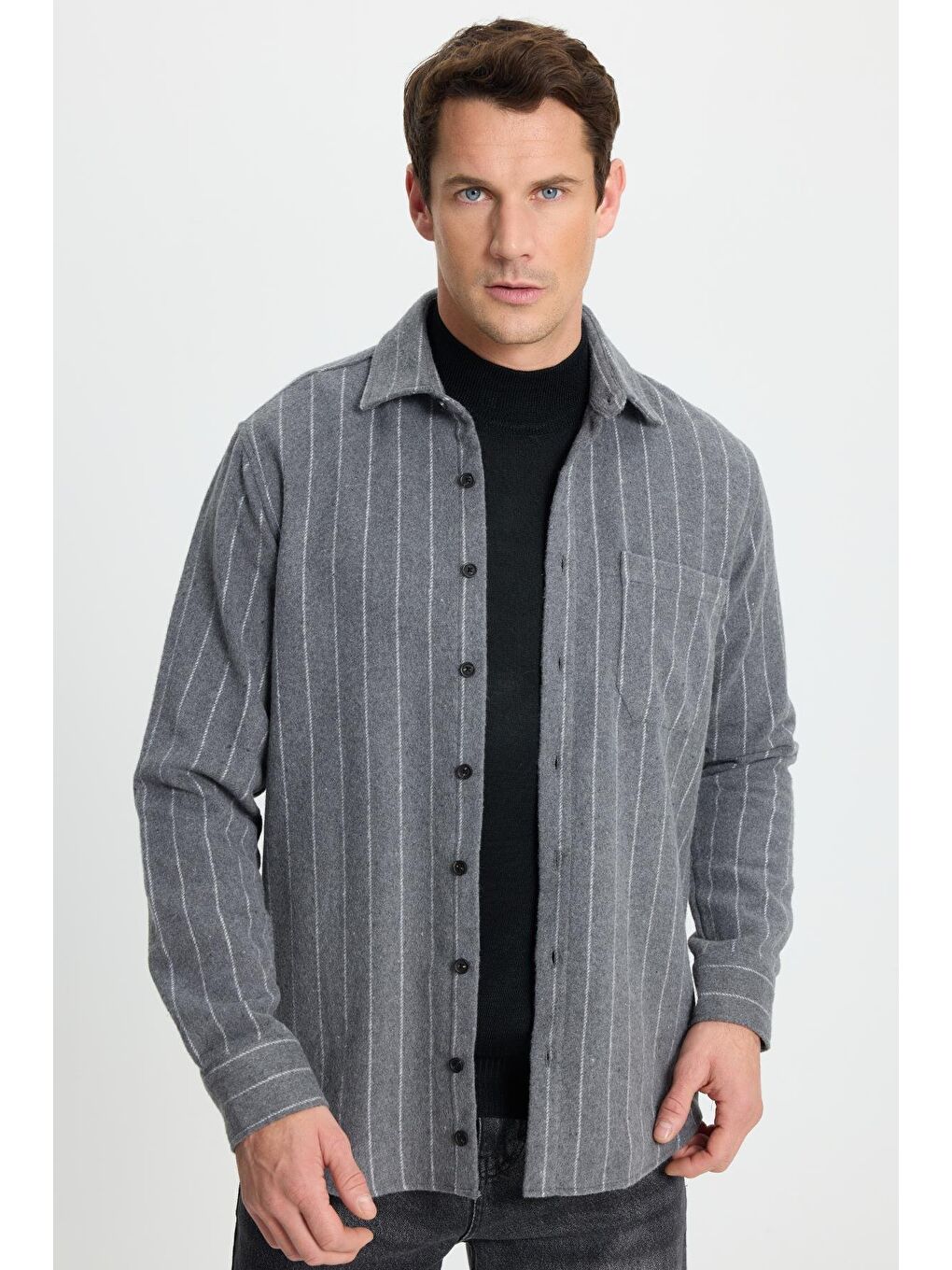 Karışık Erkek Regular Fit Klasik Kesim Çizgili Çift Cep Kapaklı Oduncu Gömlek-5