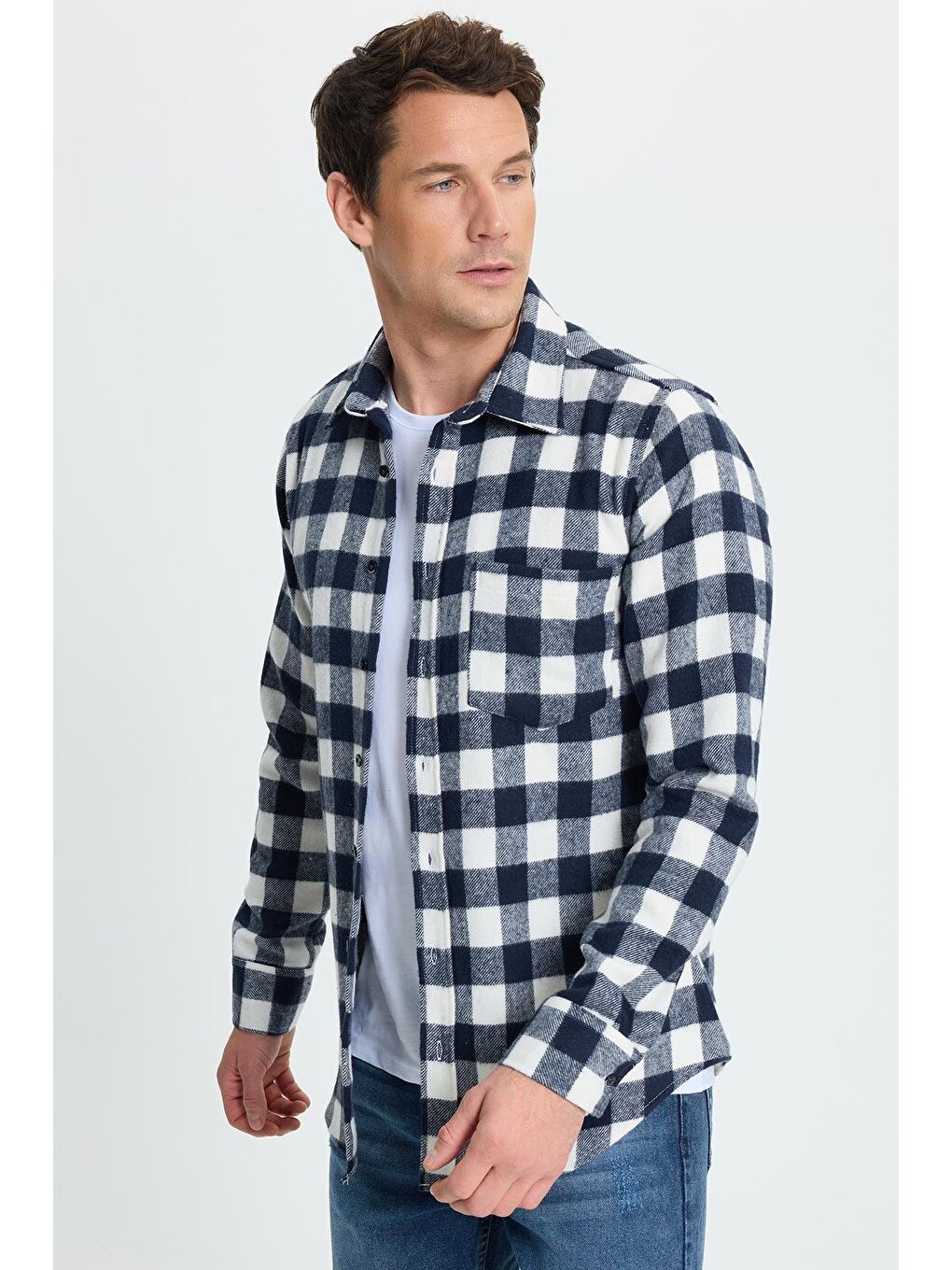 Karışık Erkek Slim Fit Dar Kesim Uzun Kollu Cepli Kareli Dama Desenli Kışlık Oduncu Gömlek-4