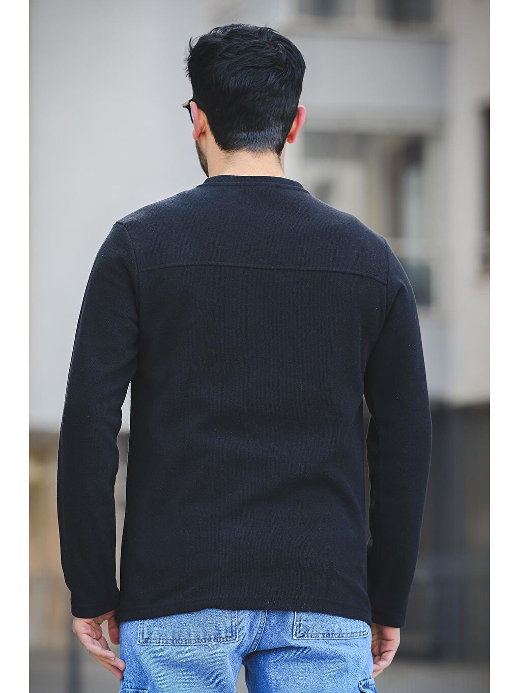 Siyah Baskılı Selanik Pamuklu Slim Fit Likralı Sıfır Yaka Erkek Sweatshirt-3