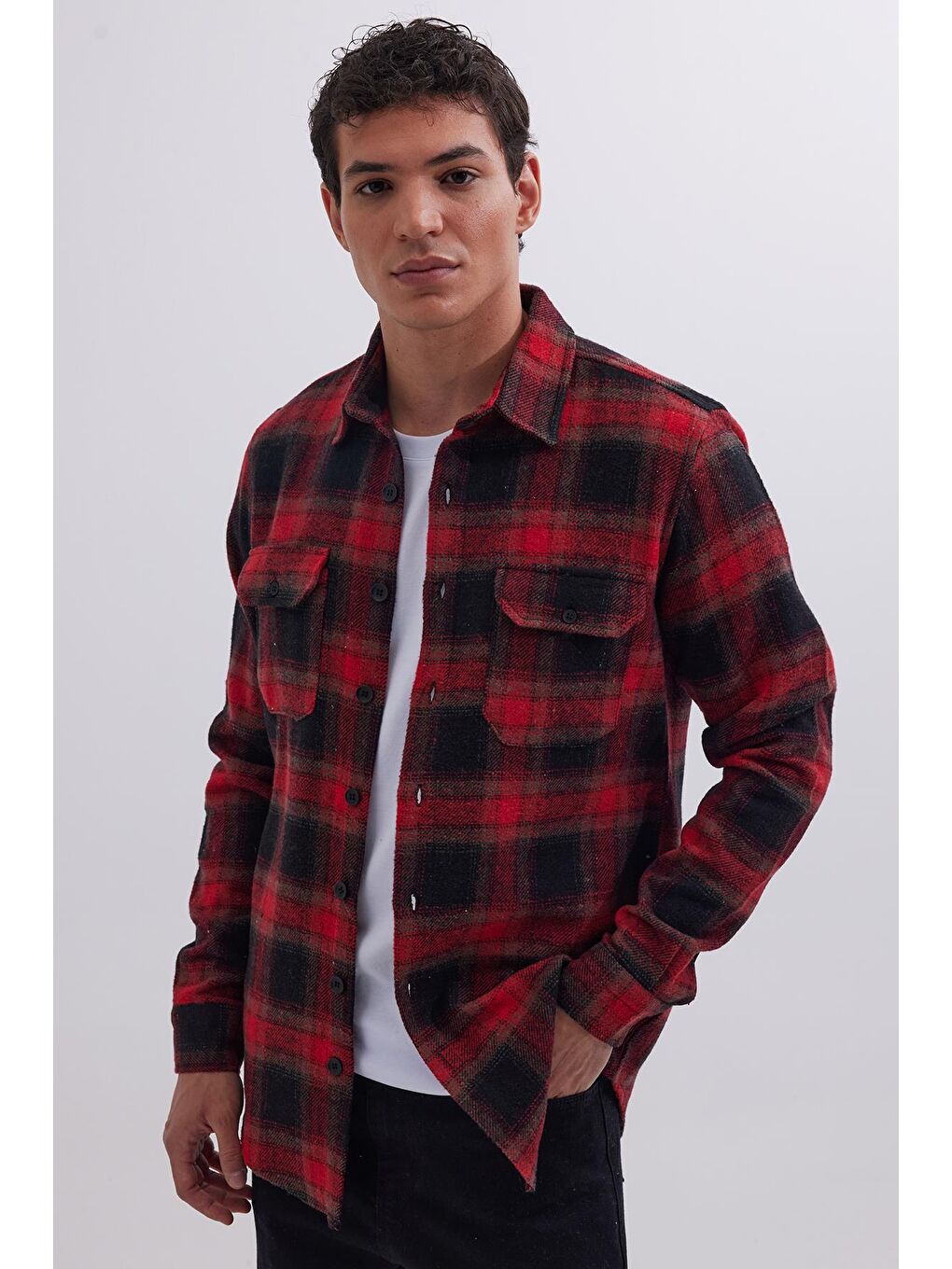 Karışık Erkek Slim Fit Dar Kesim Çift Cepli Kapaklı Spor Yaka Kareli Oduncu Gömlek-4