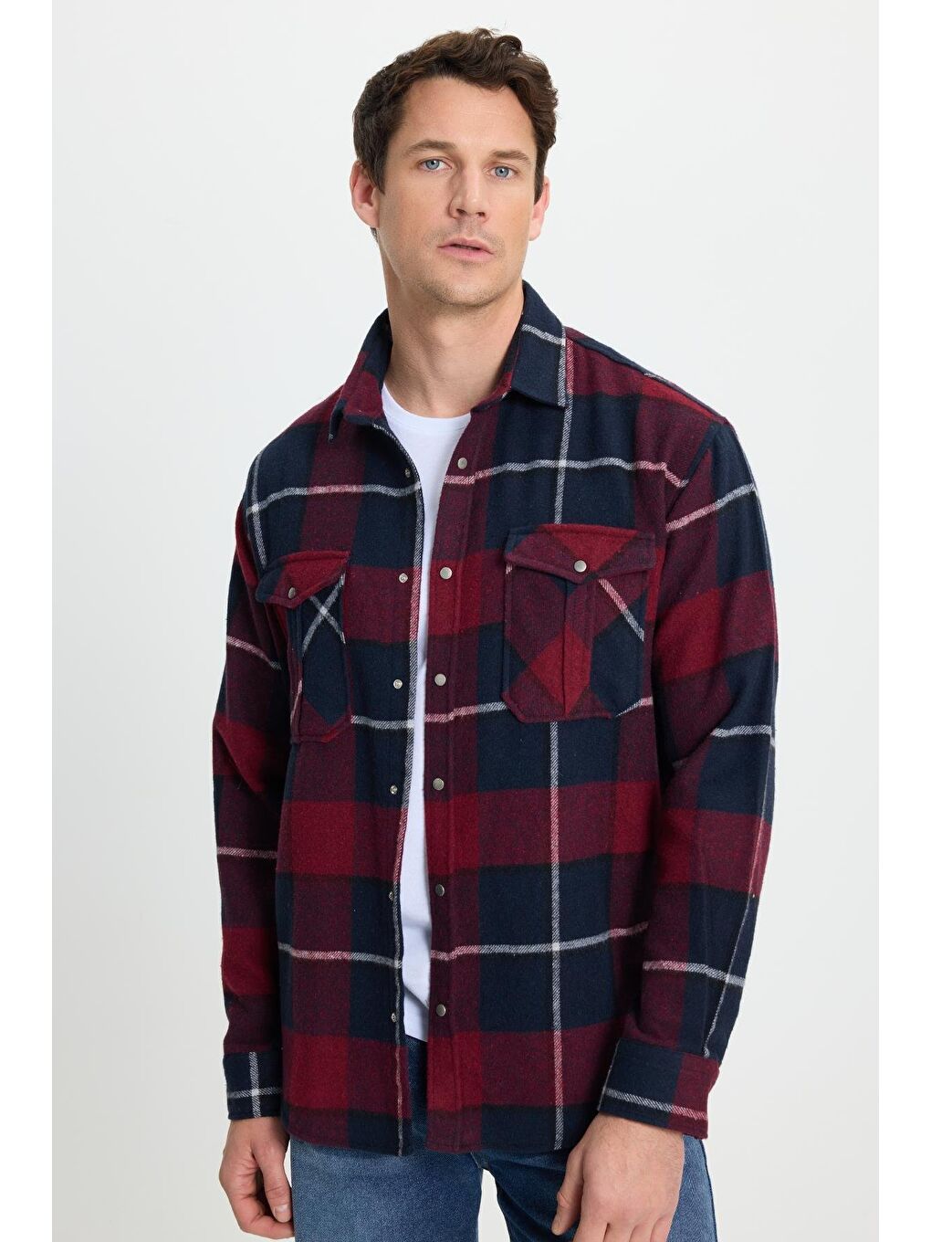 Karışık Erkek Relax Fit Rahat Kesim Oduncu Çift Cep Düğmeli Kareli Kışlık Gömlek