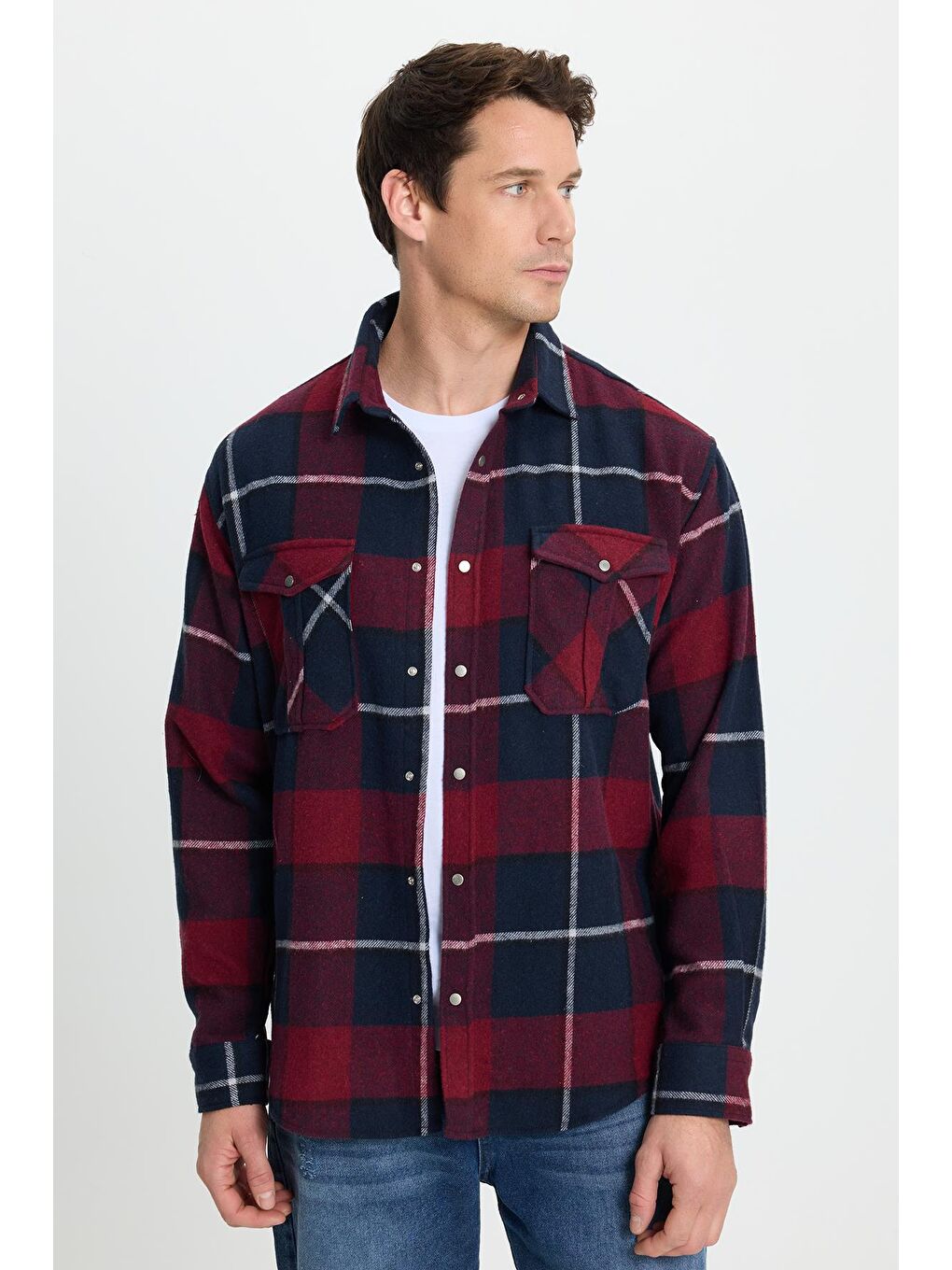 Karışık Erkek Relax Fit Rahat Kesim Oduncu Çift Cep Düğmeli Kareli Kışlık Gömlek-1