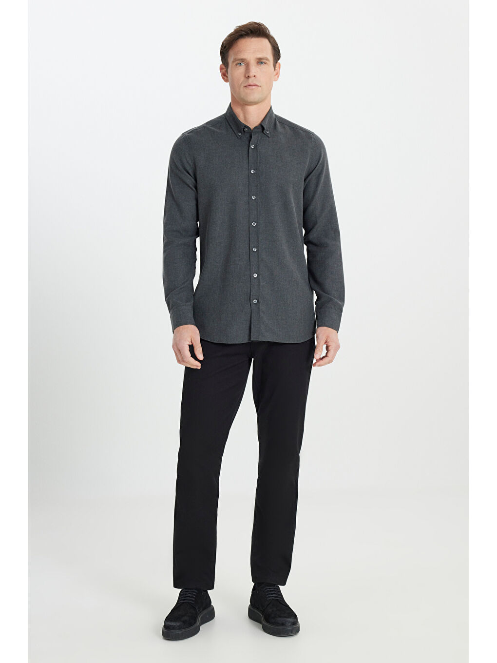 Erkek Antrasit Pamuklu Flanel Slim Fit Dar Kesim Düğmeli Yaka Gömlek-1