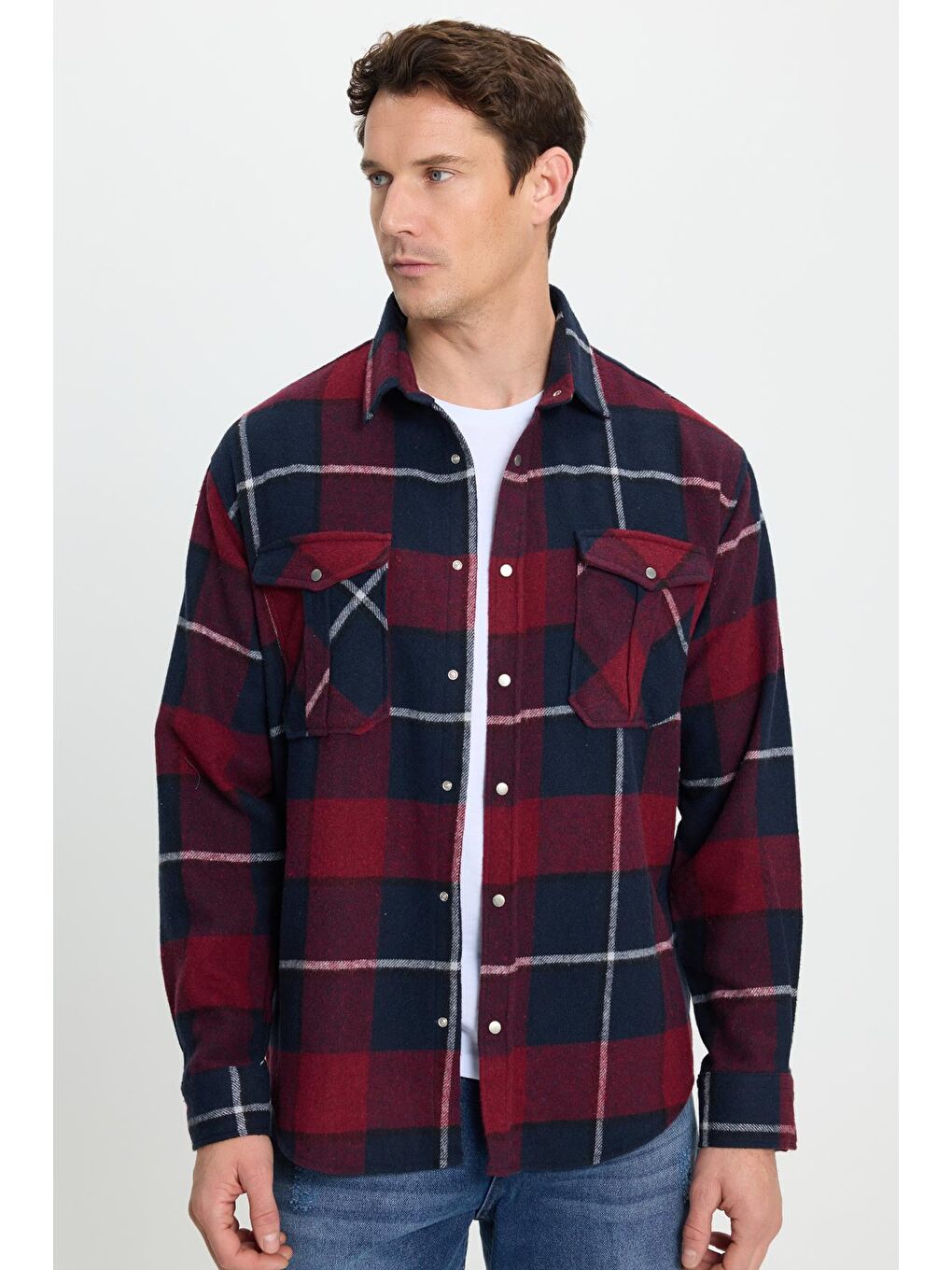 Karışık Erkek Relax Fit Rahat Kesim Oduncu Çift Cep Düğmeli Kareli Kışlık Gömlek-4