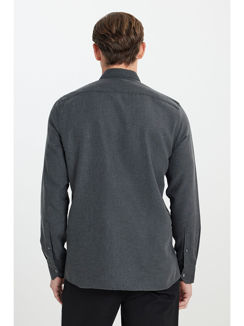 Erkek Antrasit Pamuklu Flanel Slim Fit Dar Kesim Düğmeli Yaka Gömlek-4