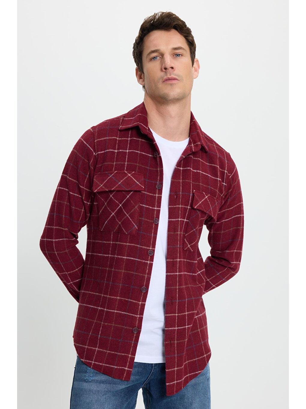 Karışık Erkek Slim Fit Dar Kesim Spor Yaka Çift Cep Kapaklı Kareli Gömlek