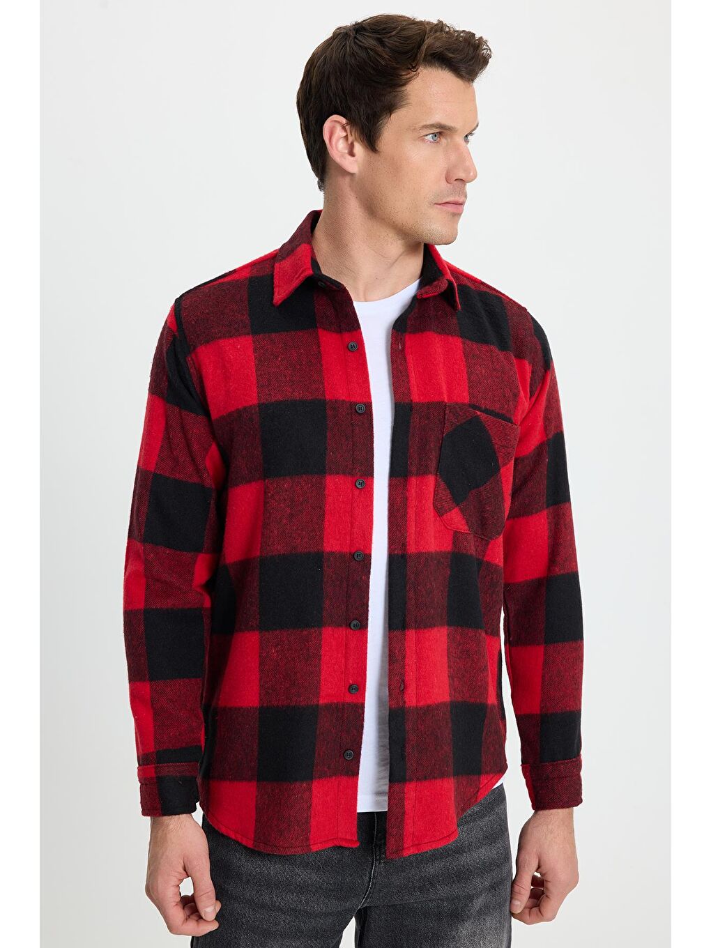 Karışık Erkek Regular Fit Klasik Kesim Kareli Cepli Oduncu Gömlek-3