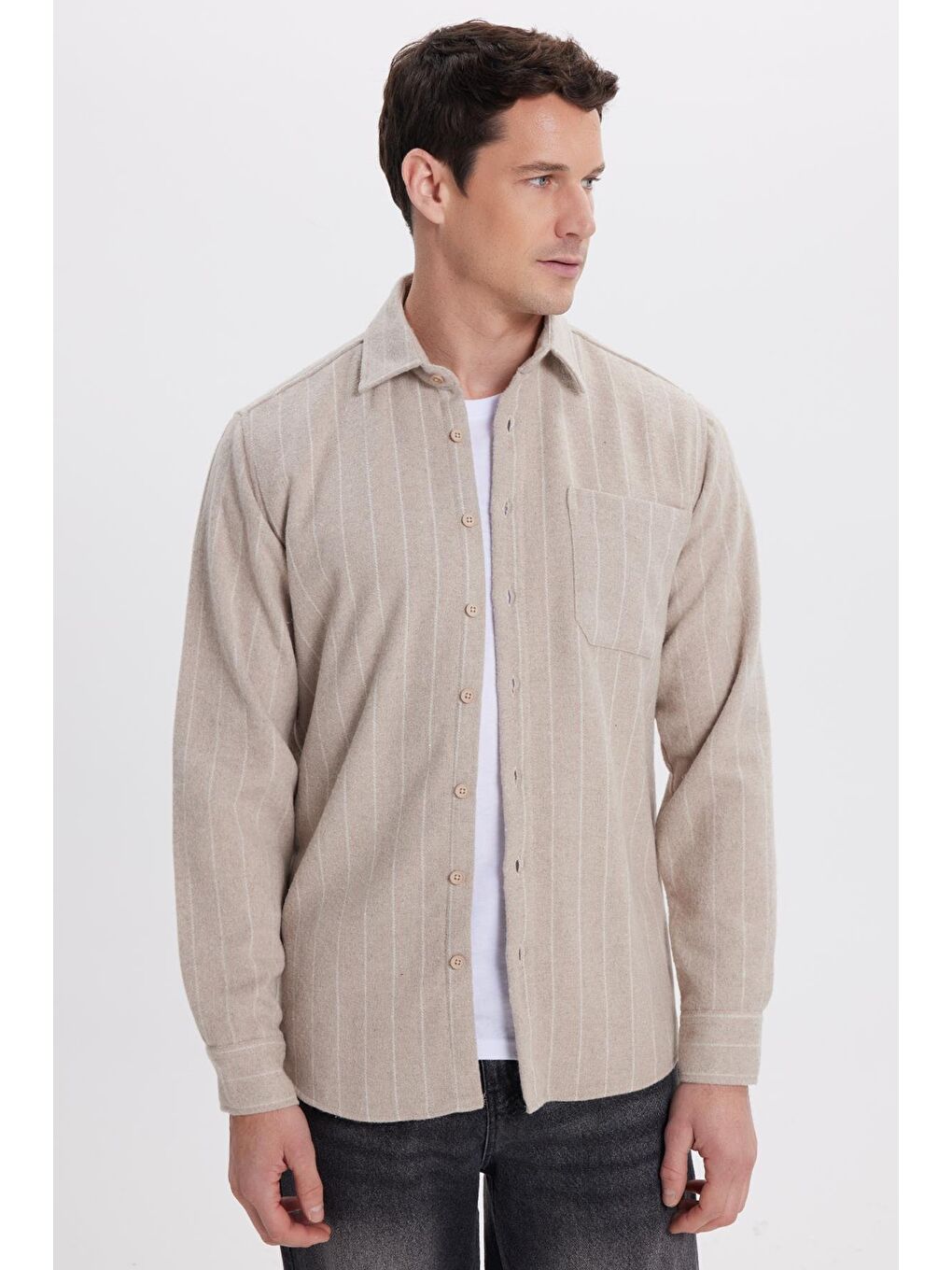 Karışık Erkek Regular Fit Klasik Kesim Çizgili Çift Cep Kapaklı Oduncu Gömlek-3