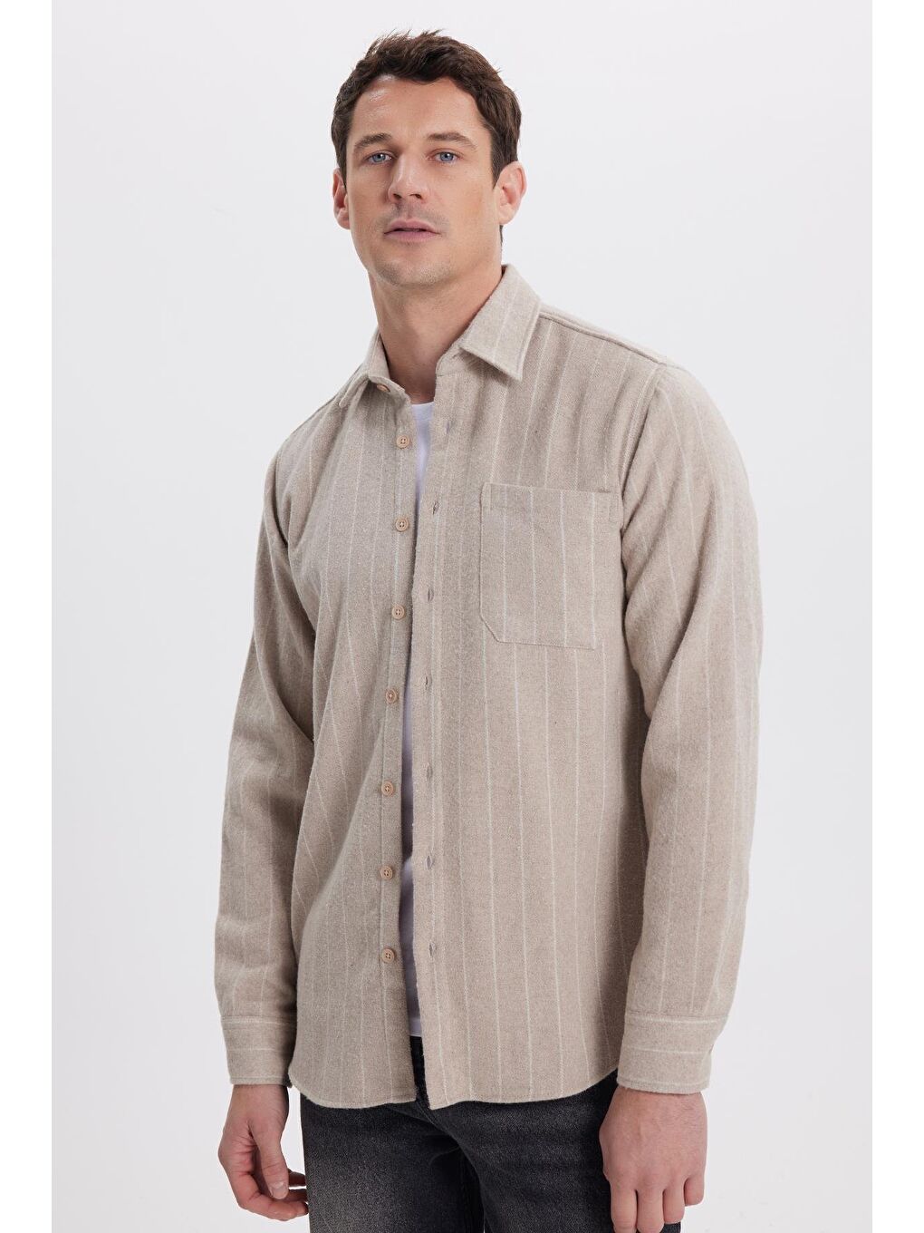 Karışık Erkek Regular Fit Klasik Kesim Çizgili Çift Cep Kapaklı Oduncu Gömlek-5