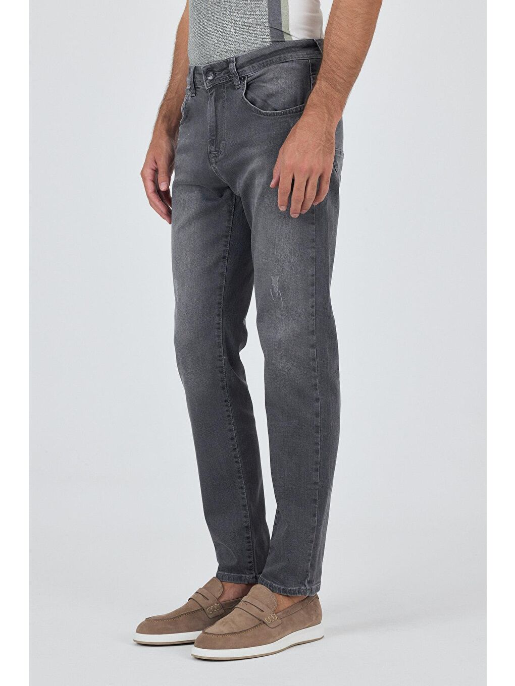 Gri Gabardin 5 Cep Düz Paça Casual Slim Fit Pamuklu Denim Pantolon 1023250150-1